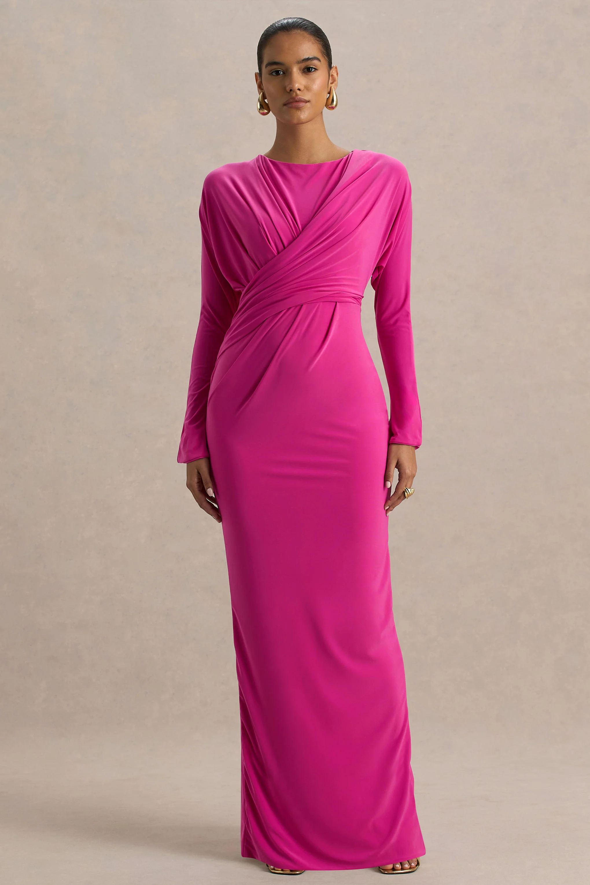 Regina | Hot Pink High-Neck Draped Wrap Maxi Dress - Image 4