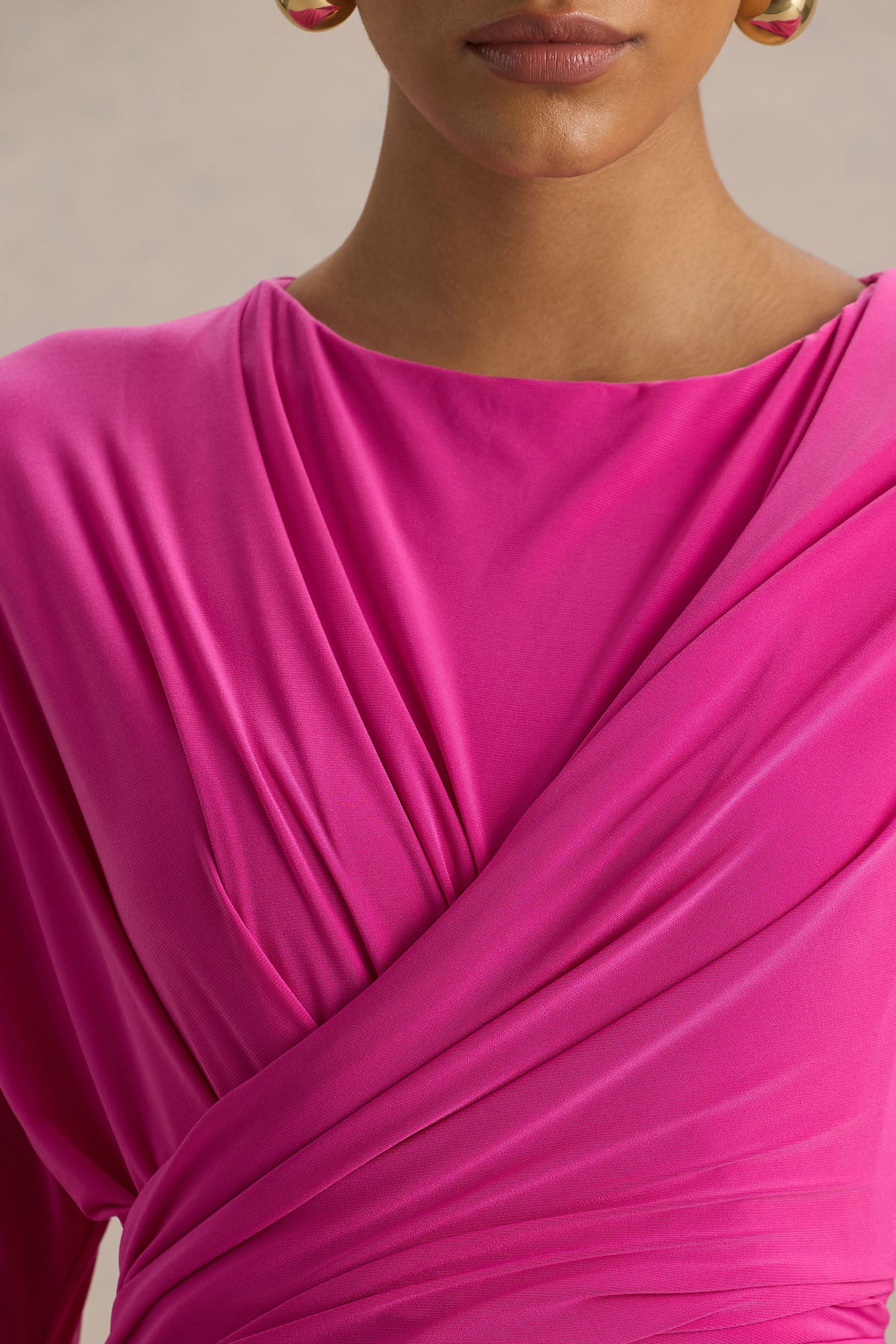 Regina | Hot Pink High-Neck Draped Wrap Maxi Dress - Image 6