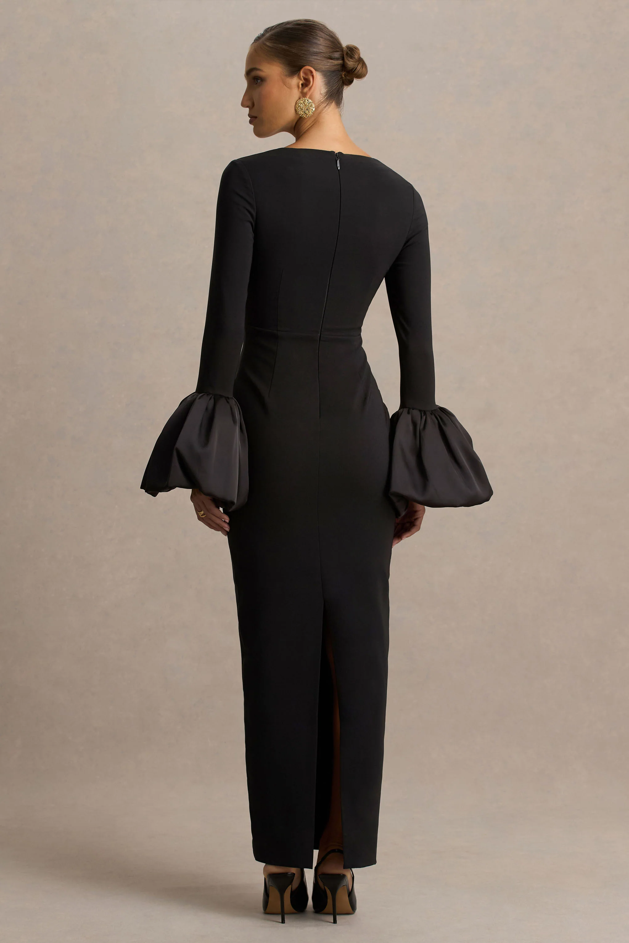 Retreat | Black Square-Neck Maxi Dress With Satin Puff-Sleeves - Image 2