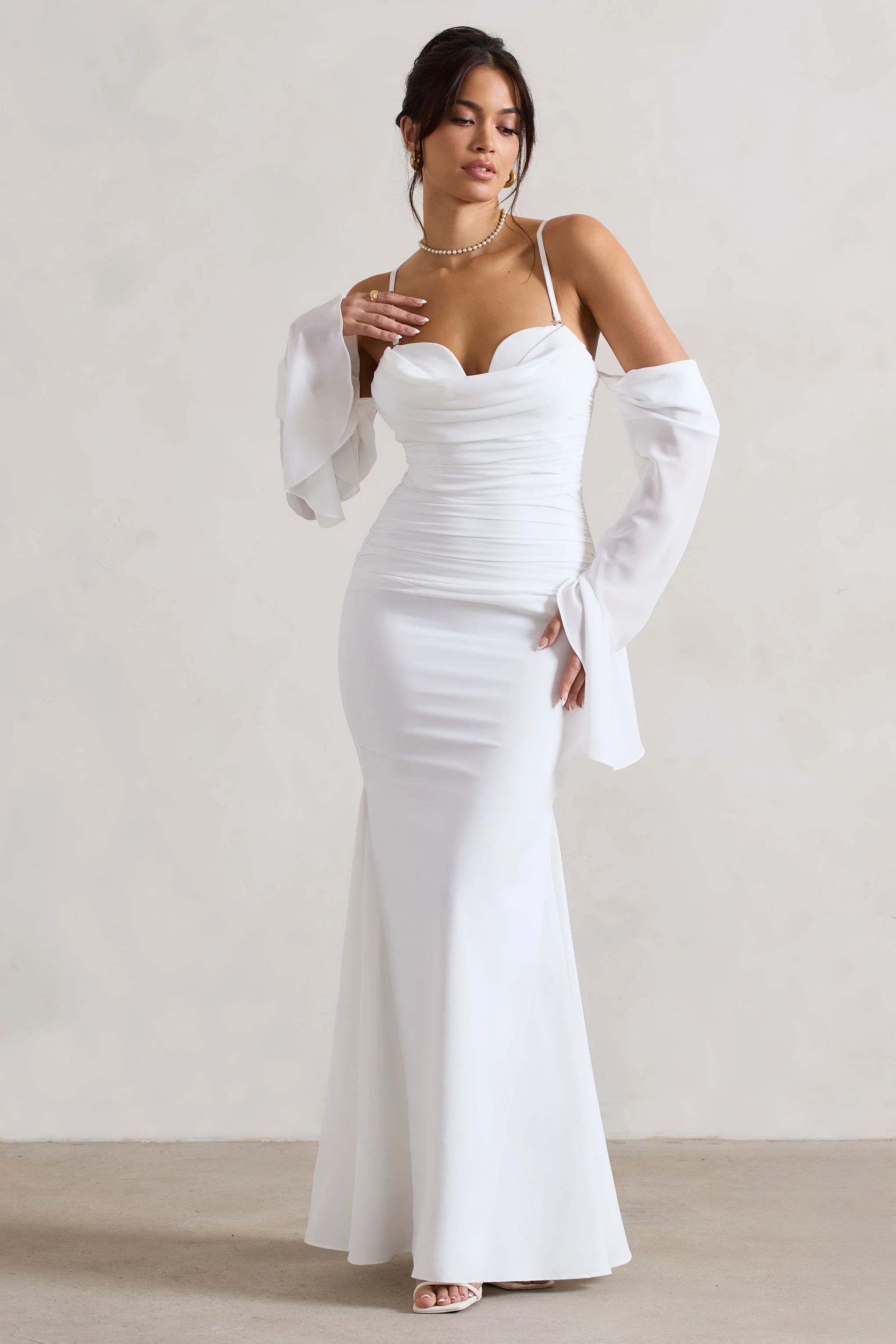 Rhiannon | Cream Draped Flared-Sleeve Fishtail Maxi Dress - Image 4