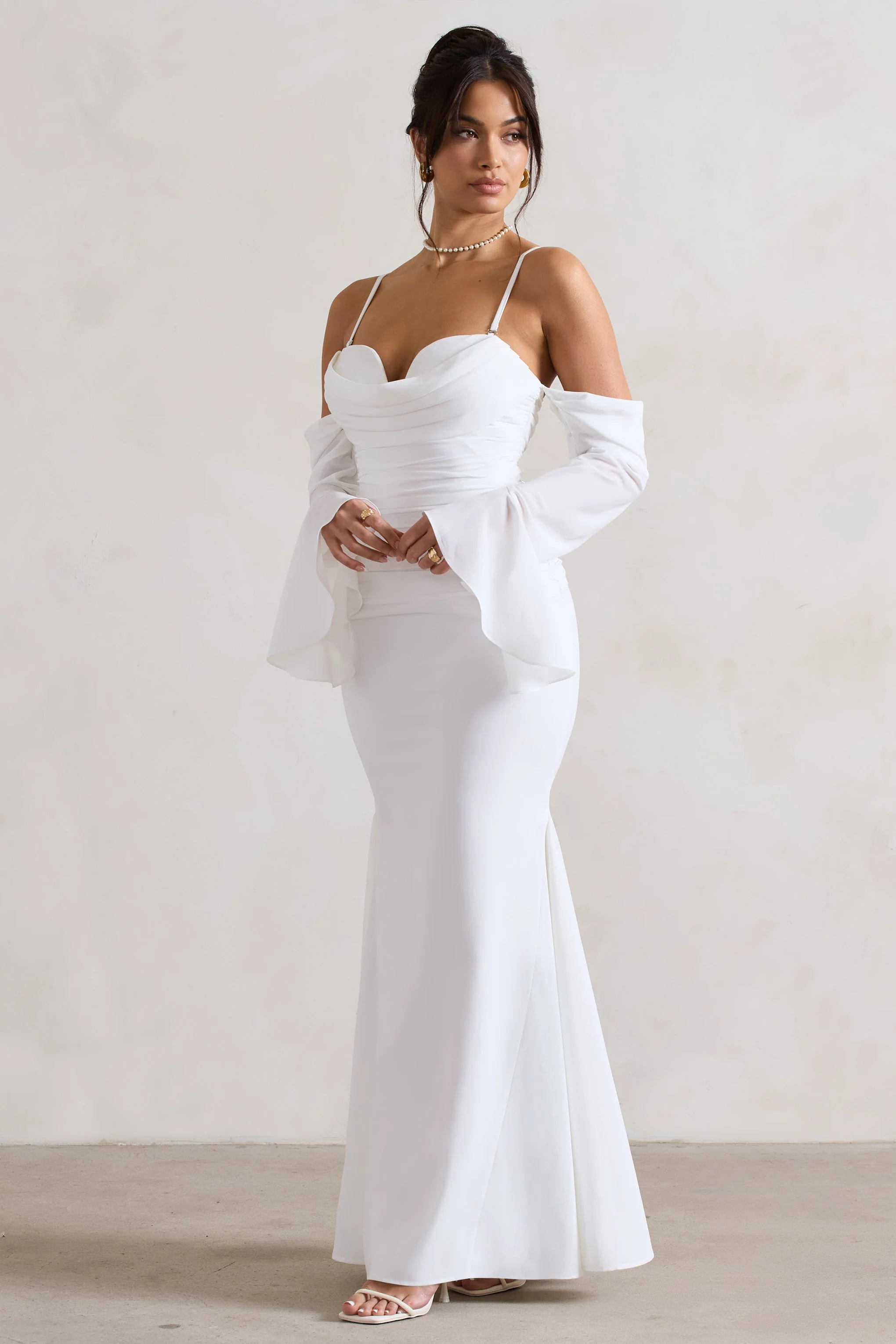 Rhiannon | Cream Draped Flared-Sleeve Fishtail Maxi Dress - Image 5