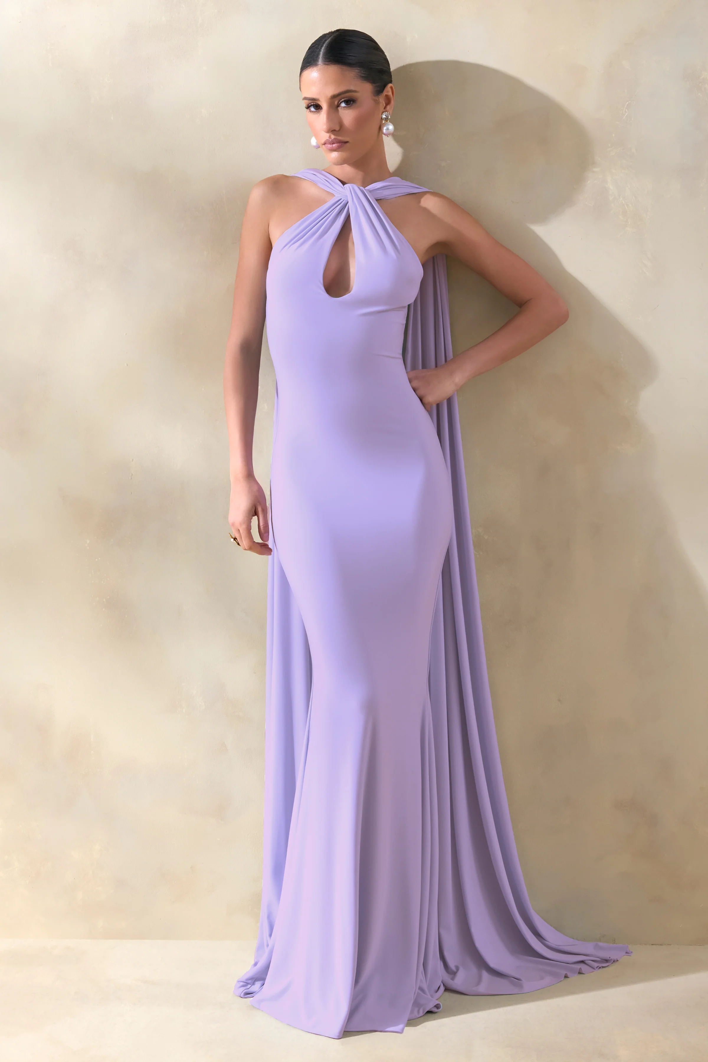 Rhoda | Lilac Twist Halter-Neck Cape Maxi Dress - Image 4