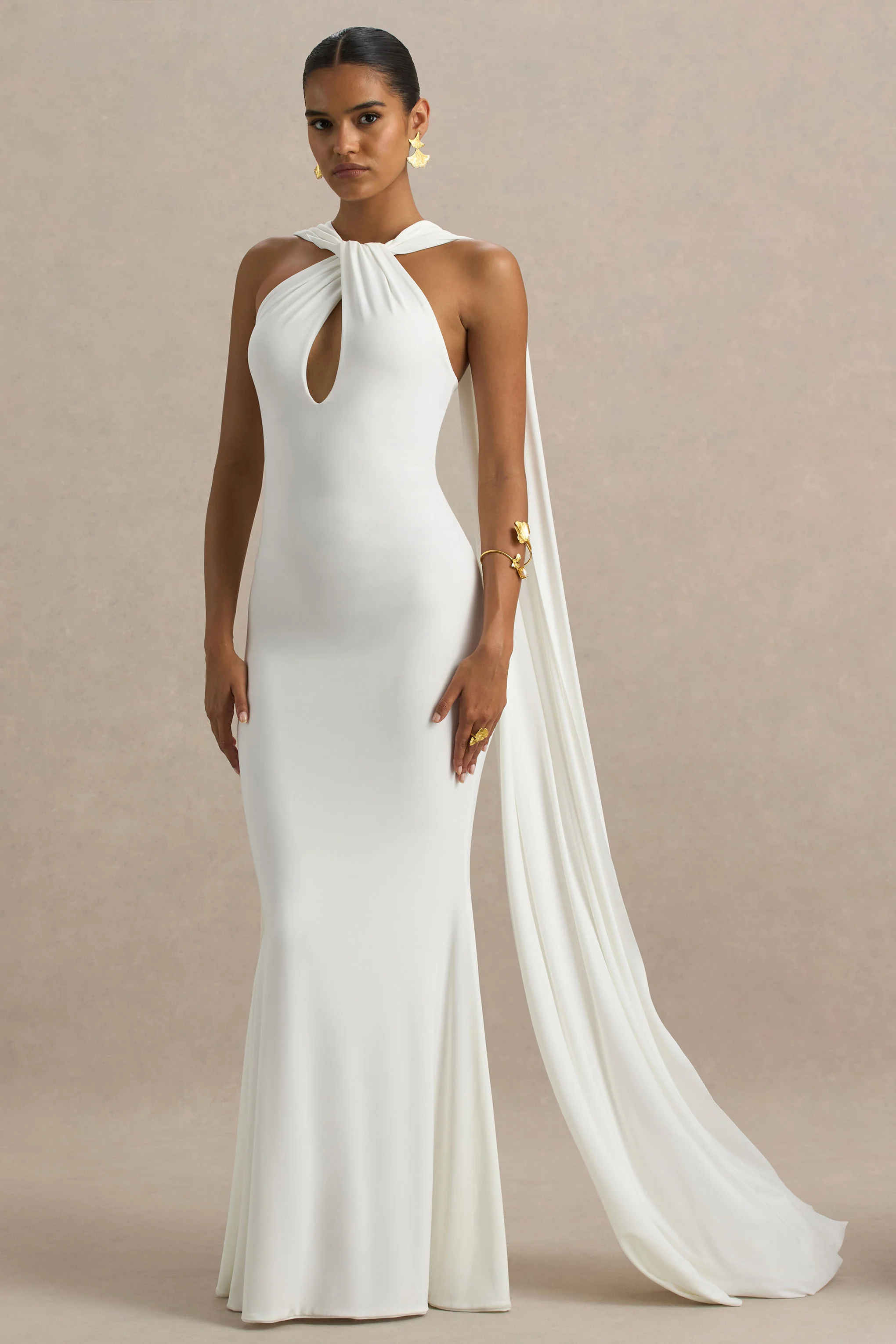 Rhoda | White Twist Halter-Neck Cape Maxi Dress - Image 5
