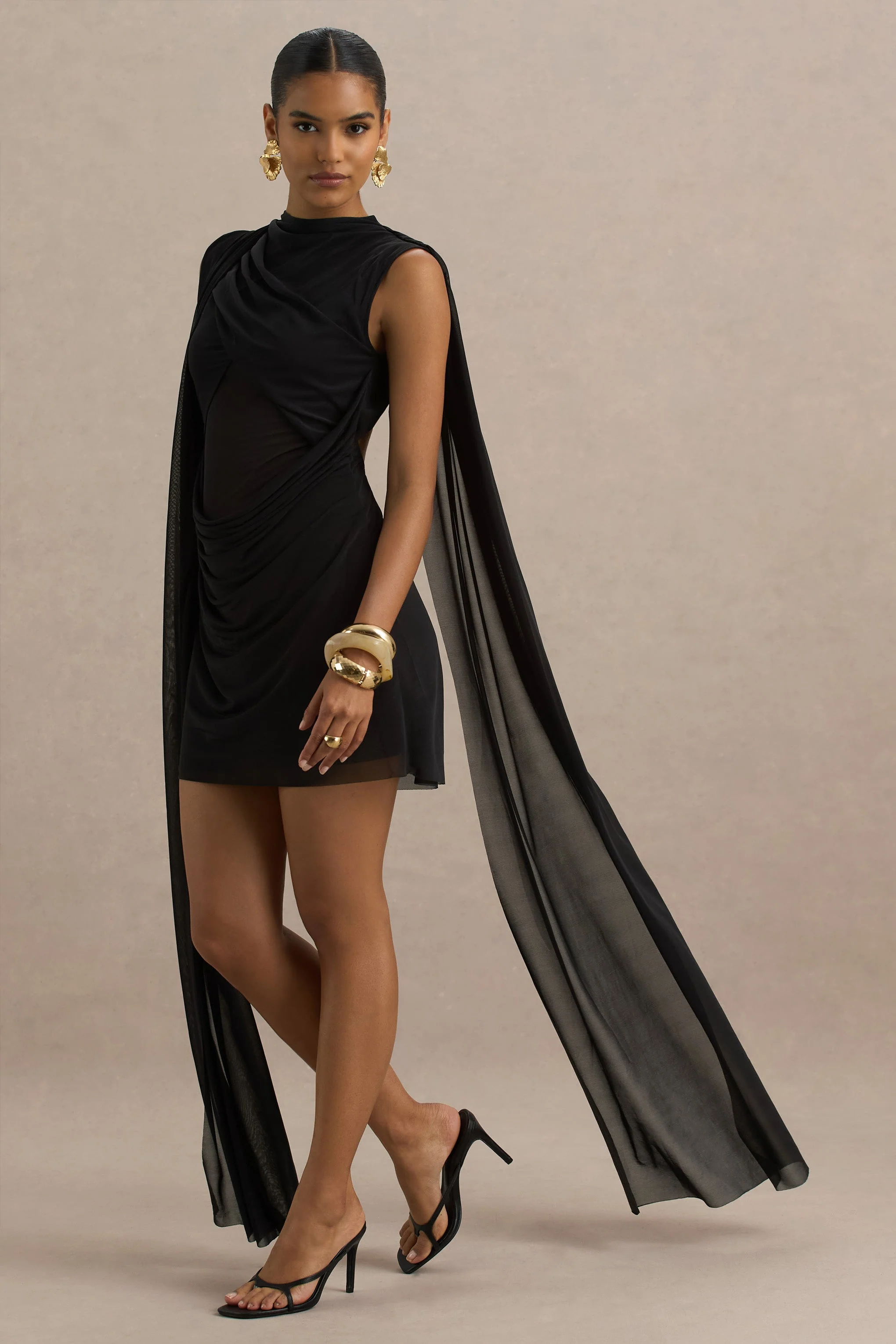 Riad | Black Chiffon Mini Dress With Two-Sleeve Cape - Image 5