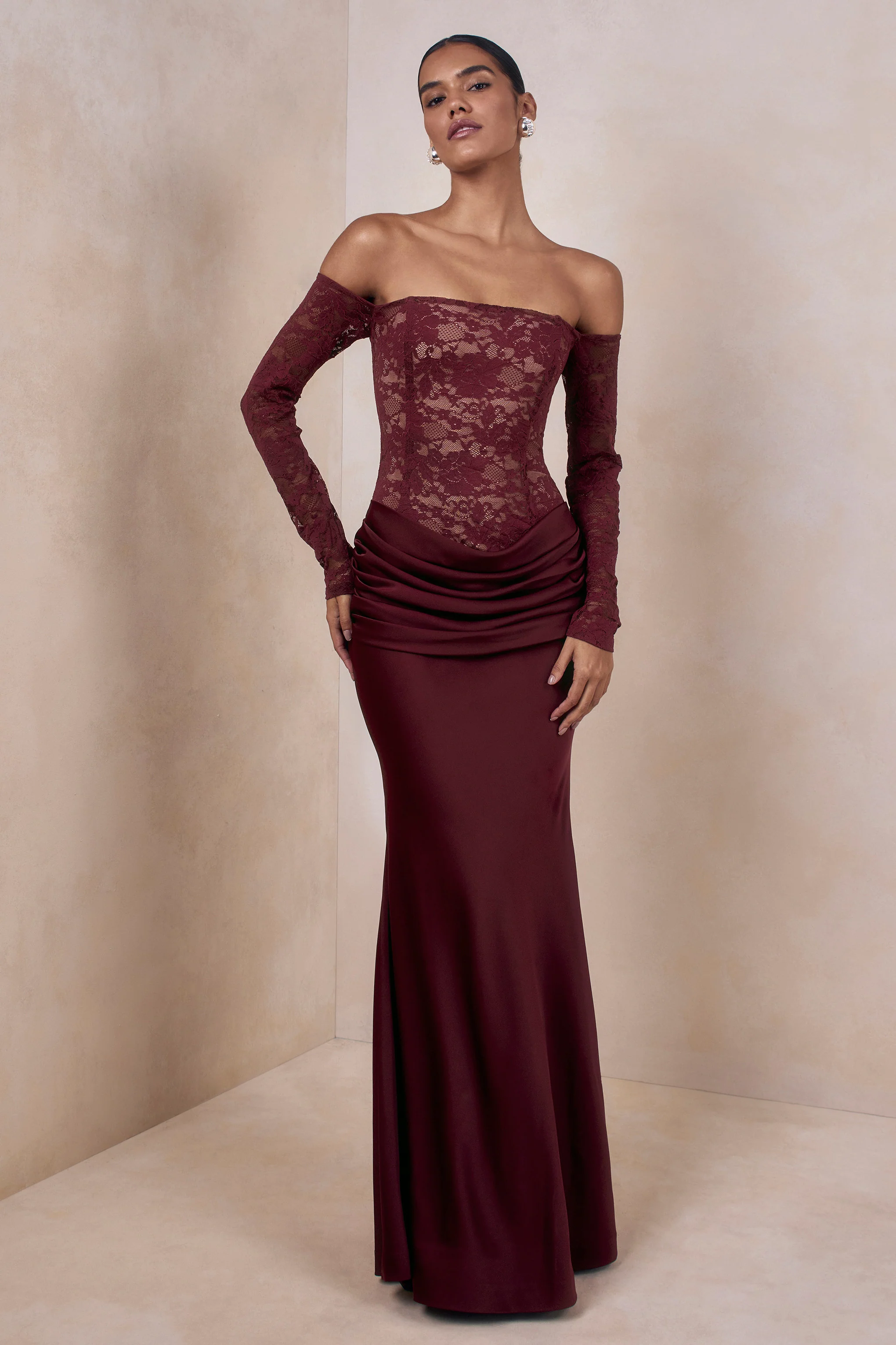 Rinna | Burgundy Lace Bardot-Neck Maxi Dress - Image 10