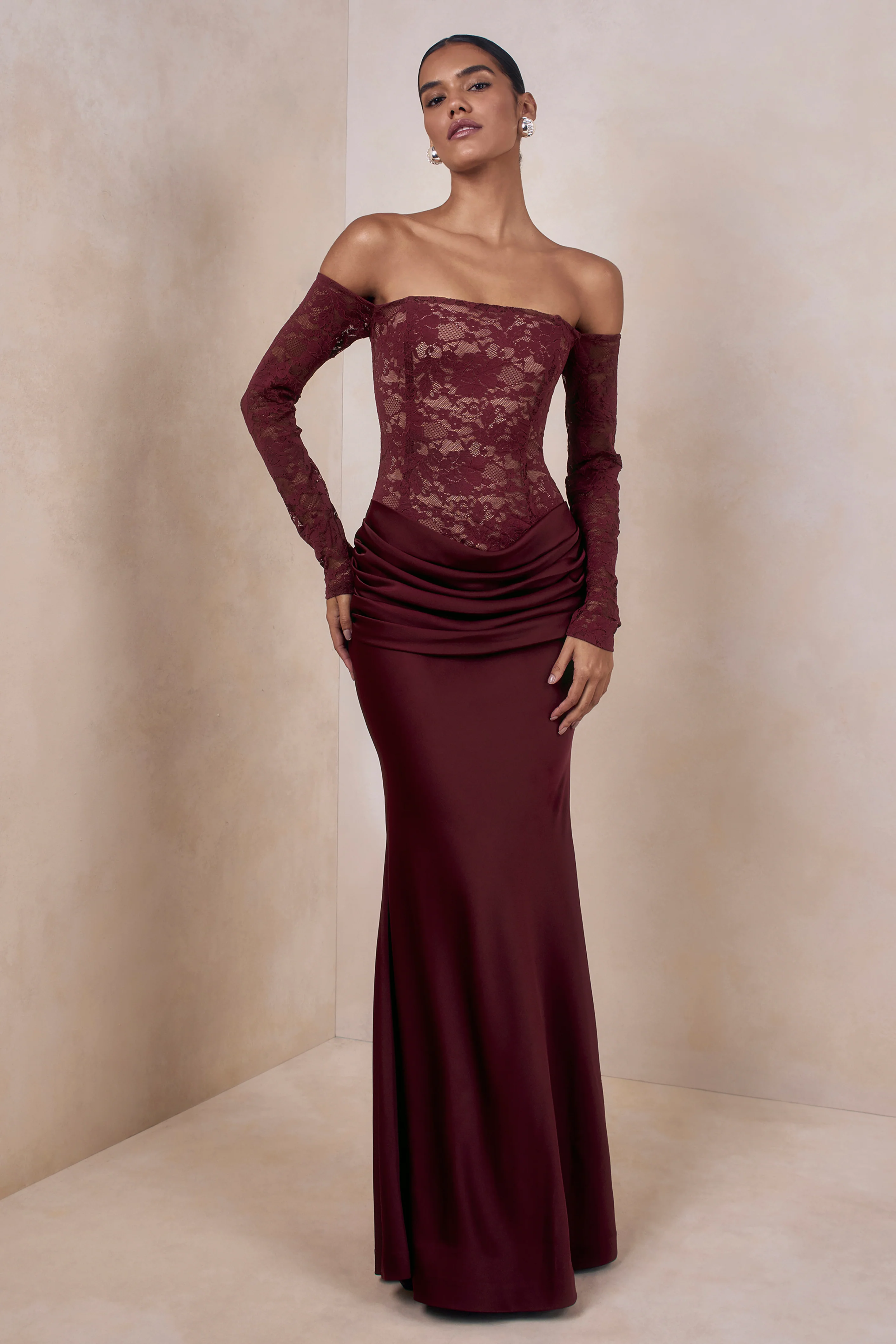 Rinna | Burgundy Lace Bardot-Neck Maxi Dress - Image 5
