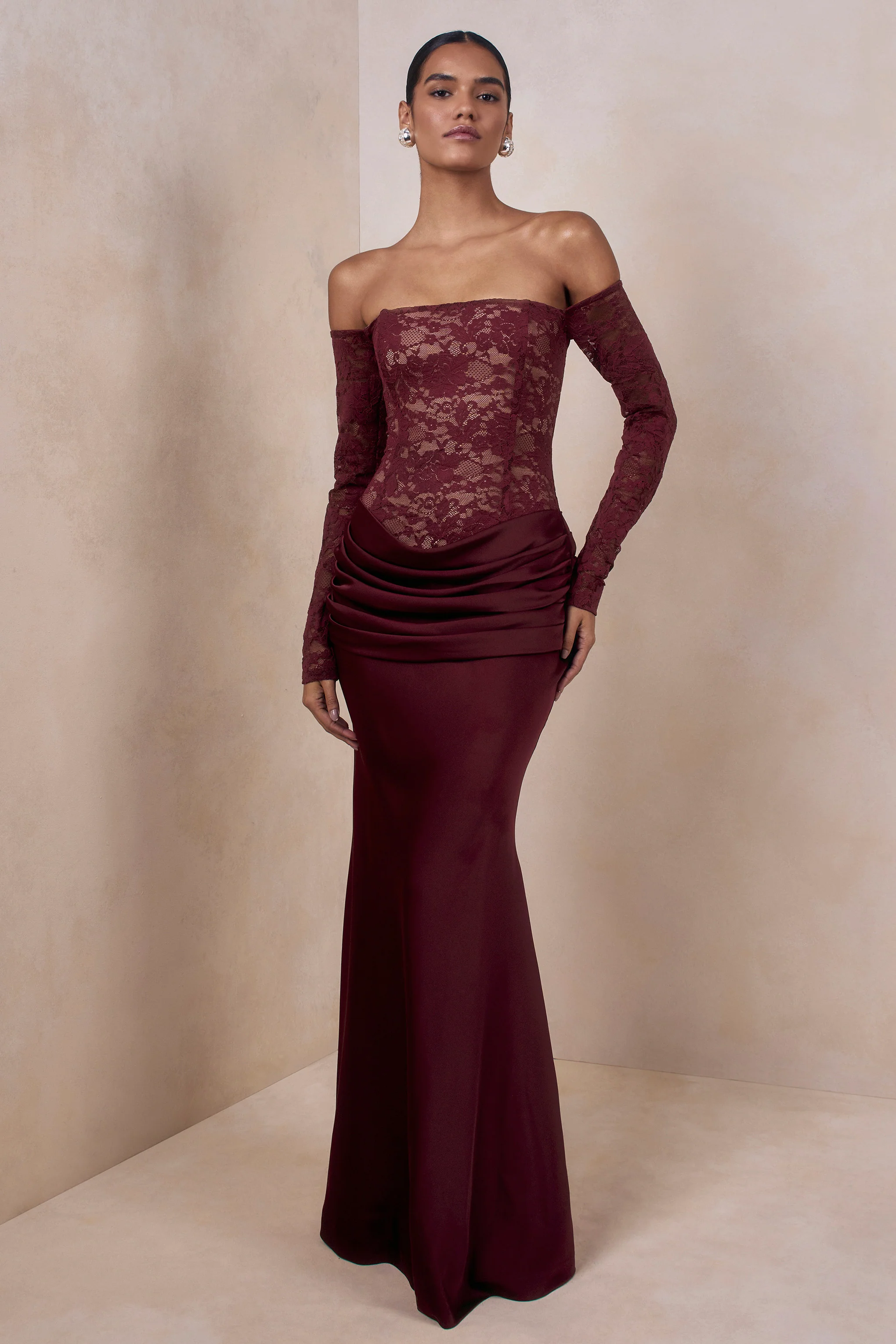 Rinna | Burgundy Lace Bardot-Neck Maxi Dress - Image 7