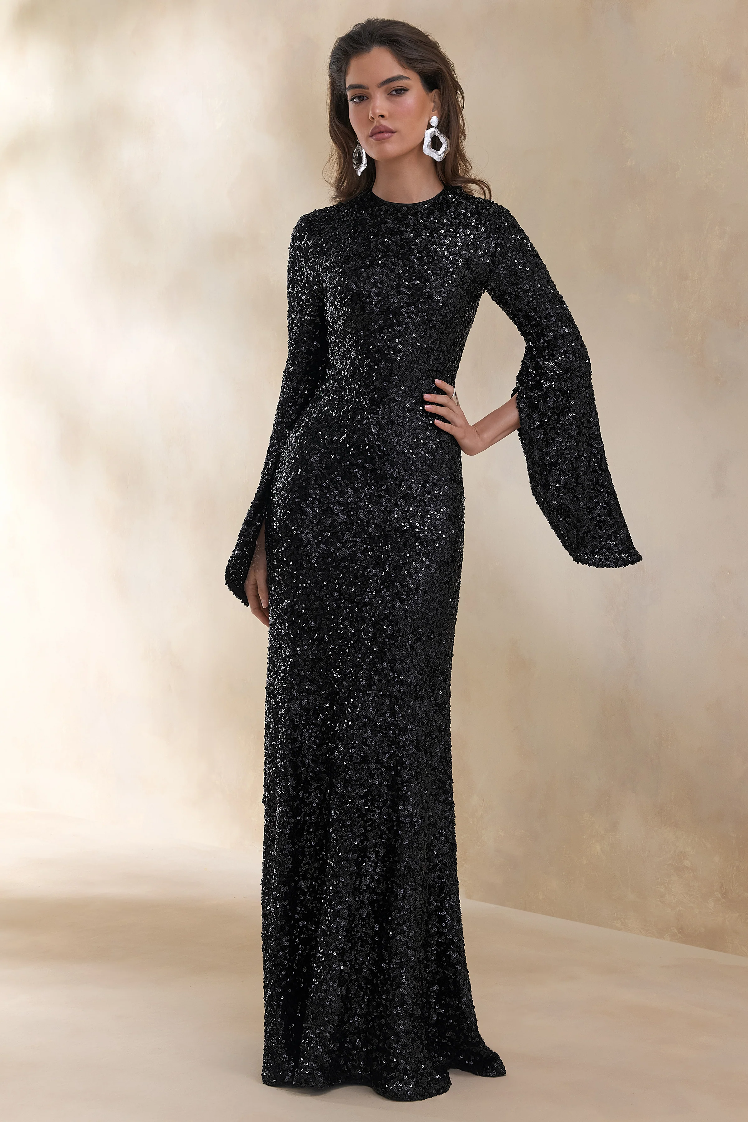 Romea | Black Sequin High-Neck Maxi Dress With Cape Sleeves - Image 5