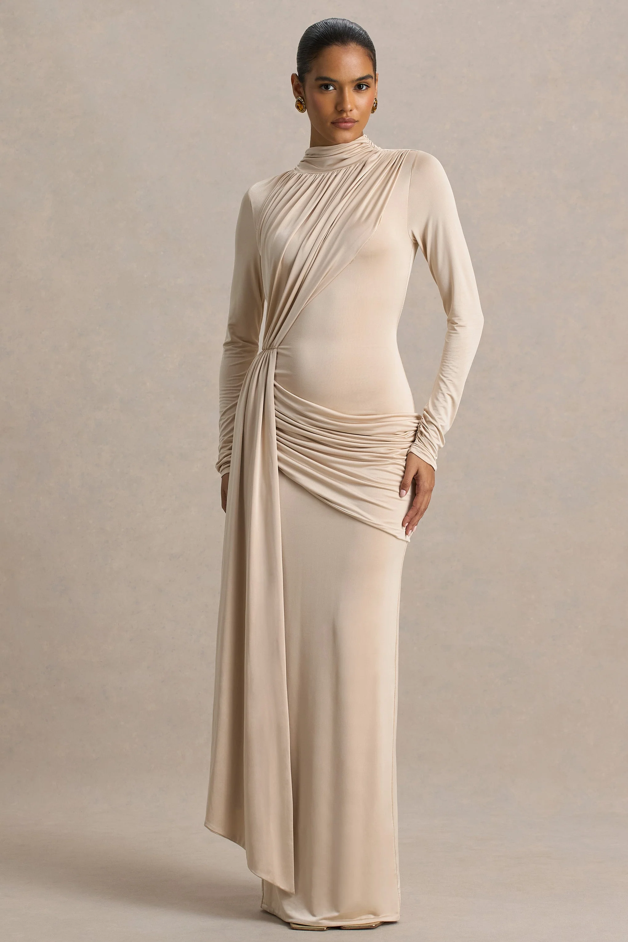 Romi | Champagne High-Neck Maxi Dress With Ruched Detailing - Image 4