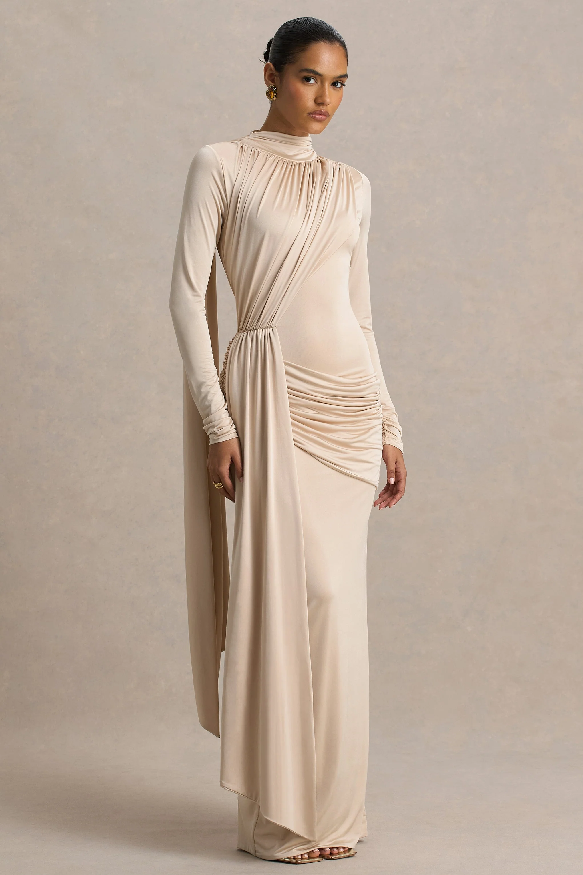 Romi | Champagne High-Neck Maxi Dress With Ruched Detailing - Image 5
