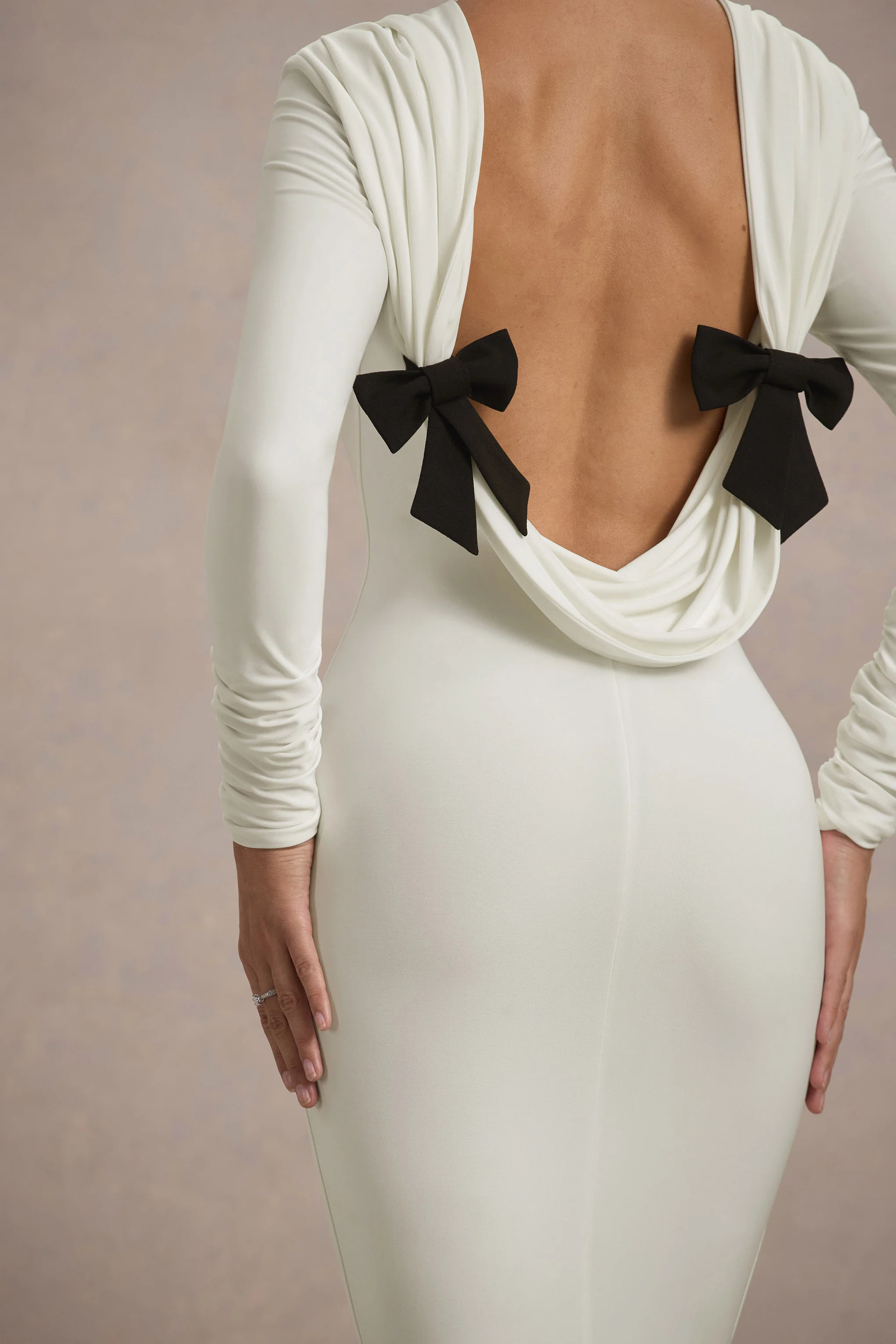 Rosalee | Cream Long-Sleeve Cowl-Back Maxi Dress With Bows - Image 3