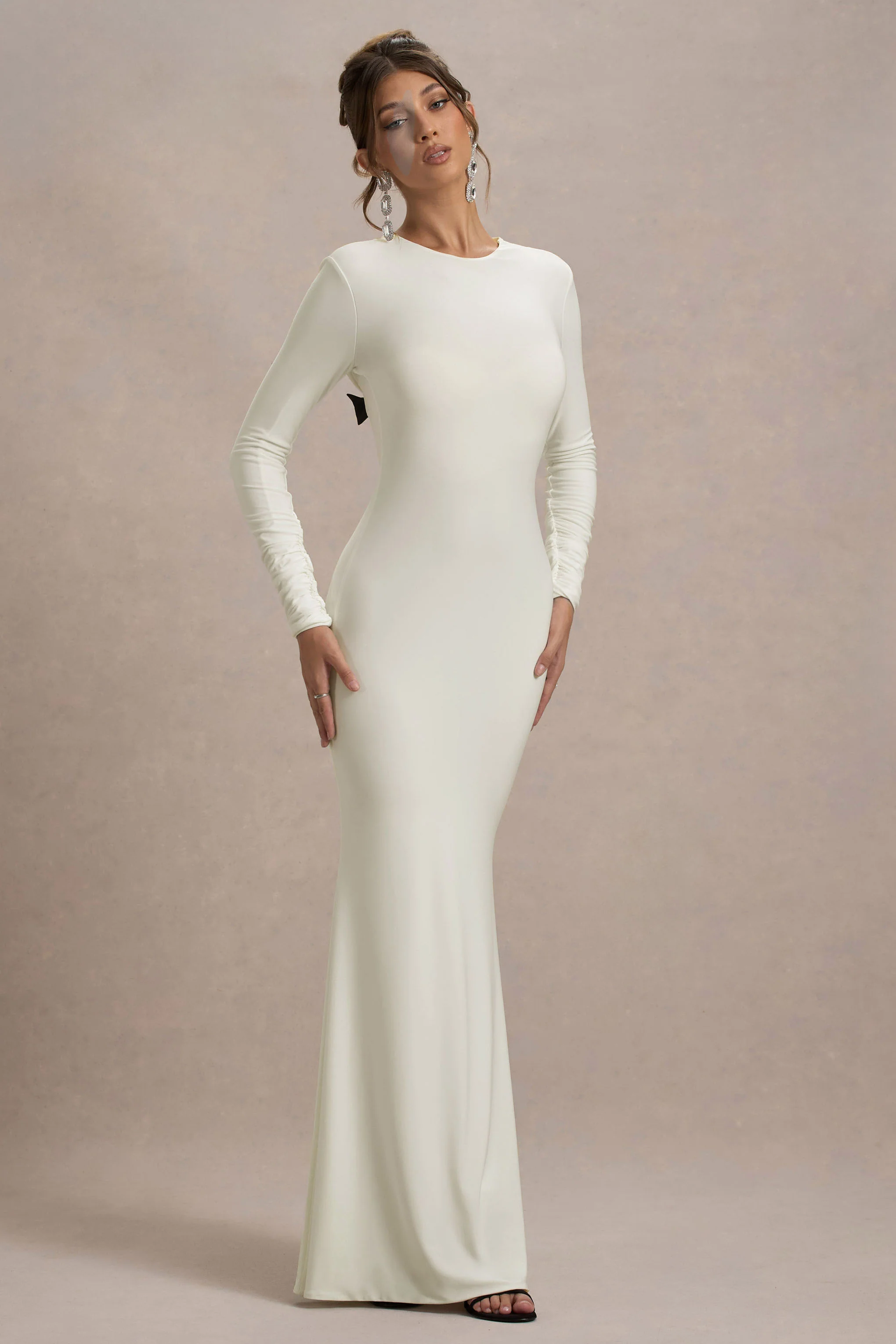 Rosalee | Cream Long-Sleeve Cowl-Back Maxi Dress With Bows - Image 4