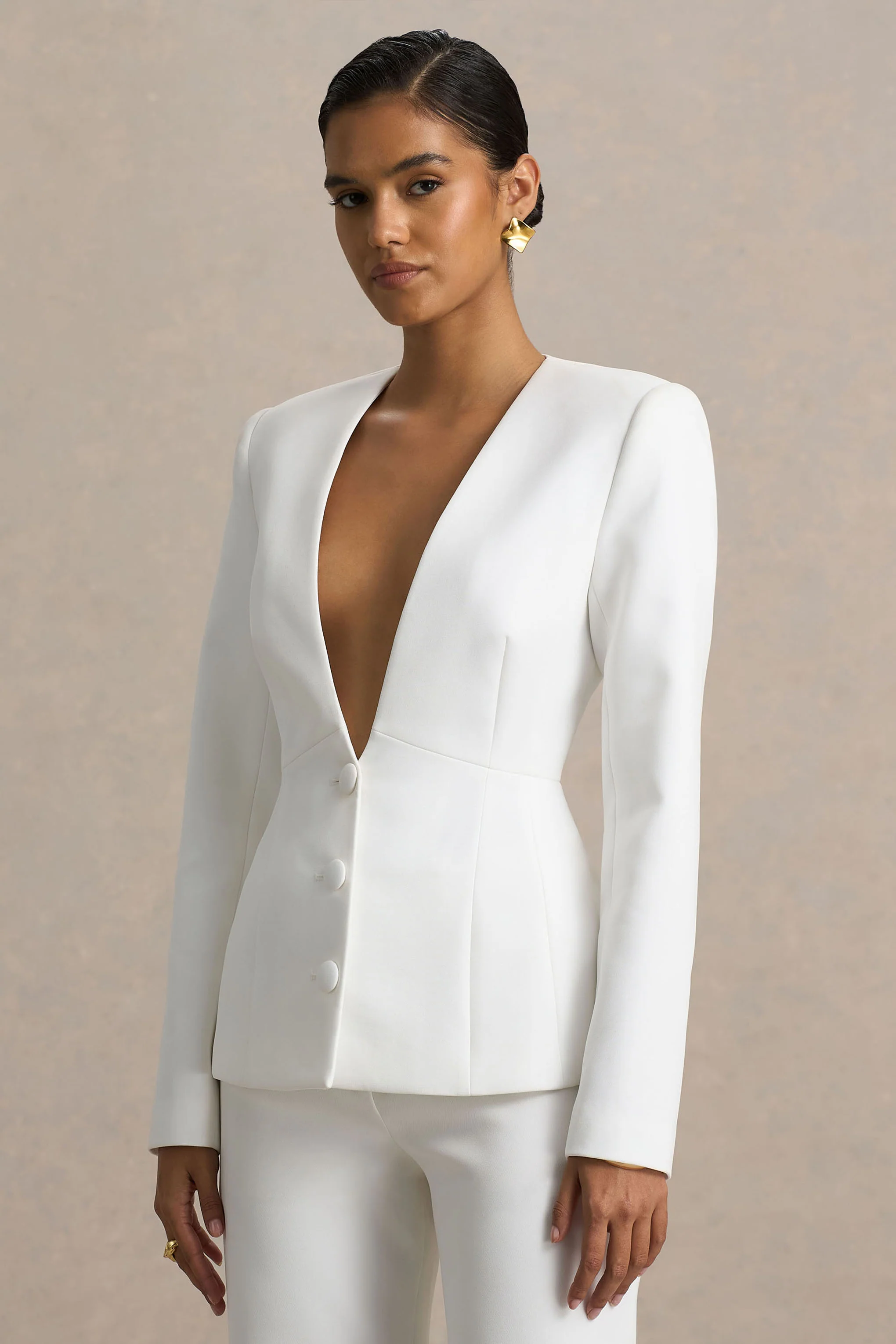 Rosalina | White Extreme-Plunge Neck Tailored Blazer - Image 5