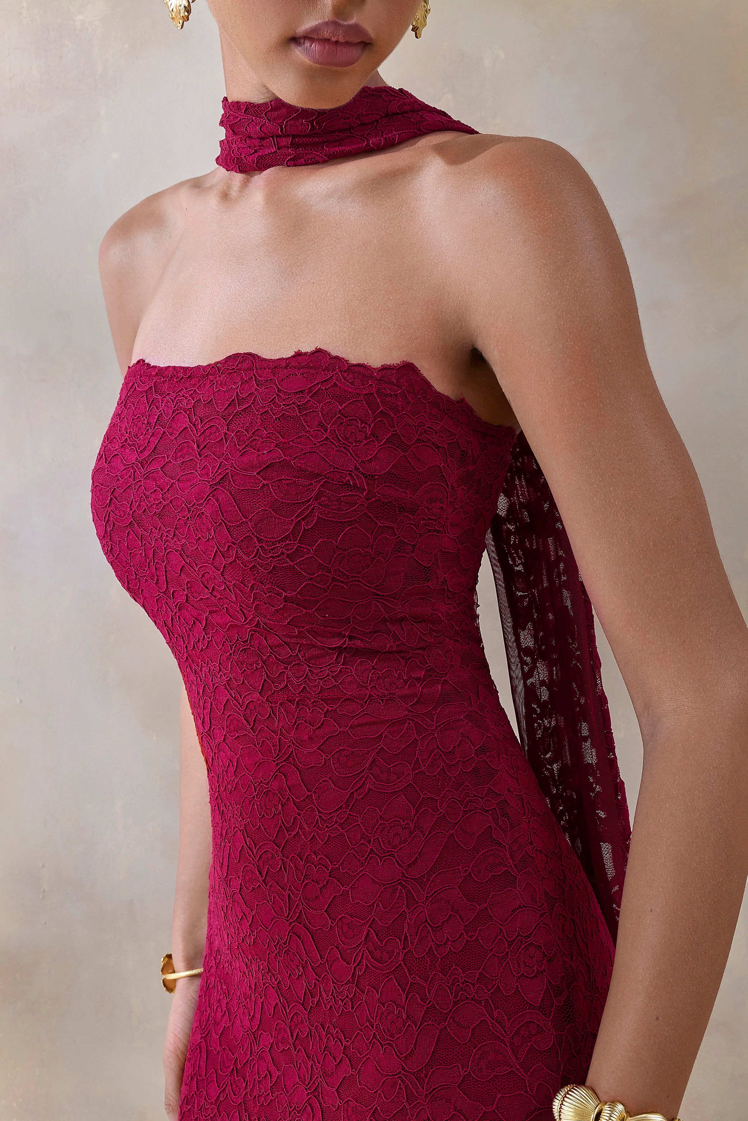 Rosaria | Burgundy Lace Bandeau Midi Dress With Scarf-Detail - Image 5