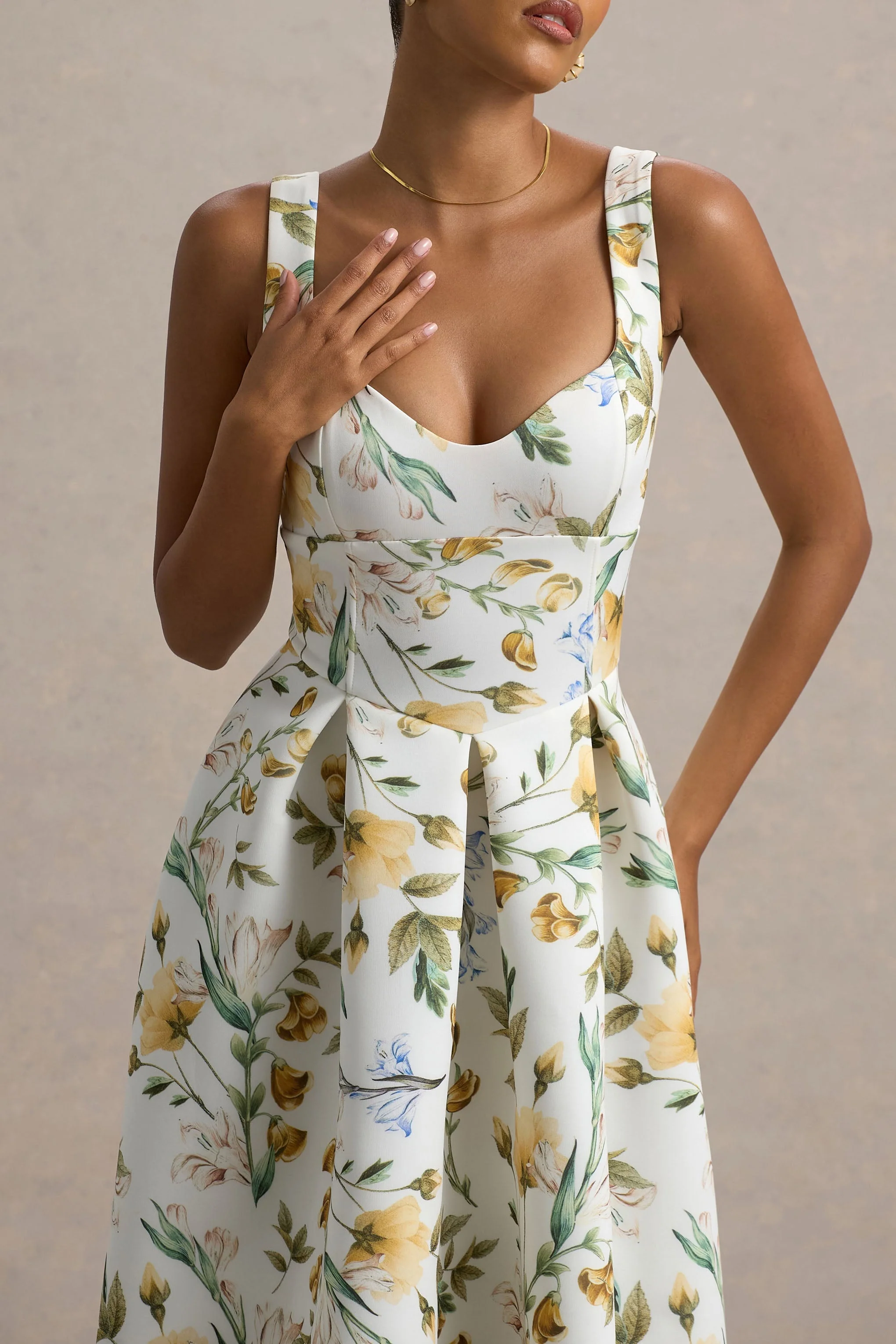 Rosemary | Floral Print Sweetheart Midi Dress With Drop Waist - Image 3