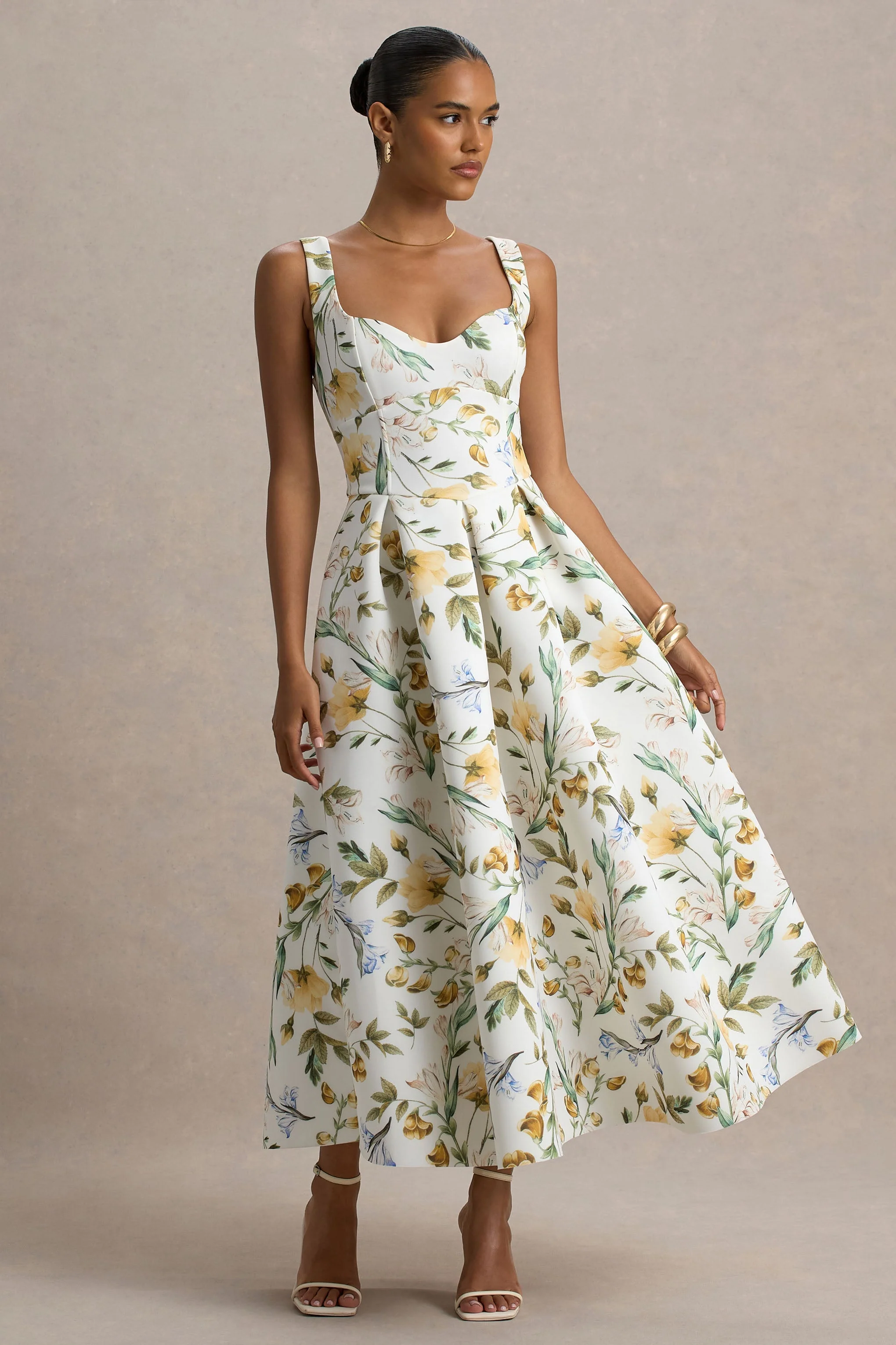 Rosemary | Floral Print Sweetheart Midi Dress With Drop Waist - Image 4