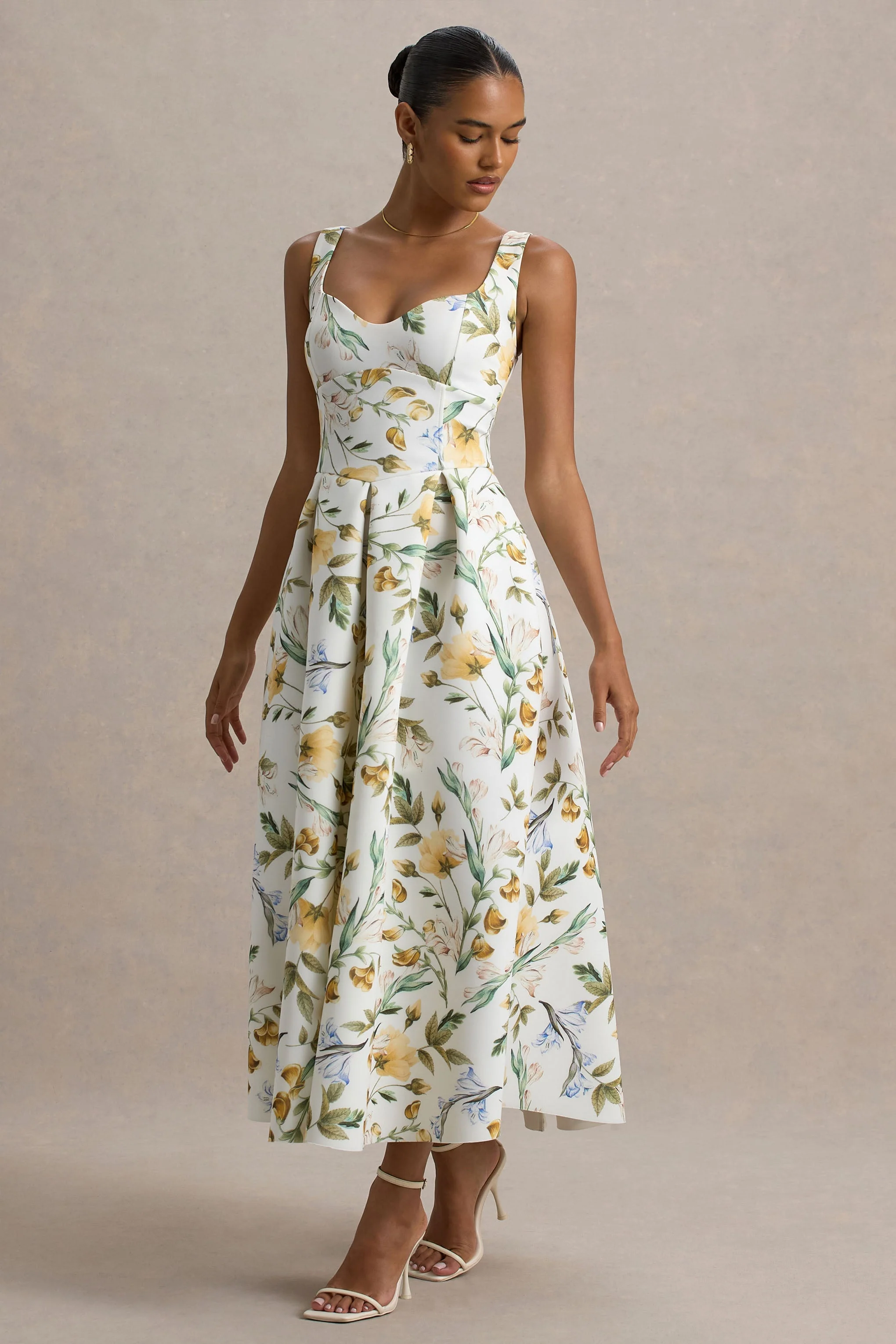 Rosemary | Floral Print Sweetheart Midi Dress With Drop Waist - Image 5
