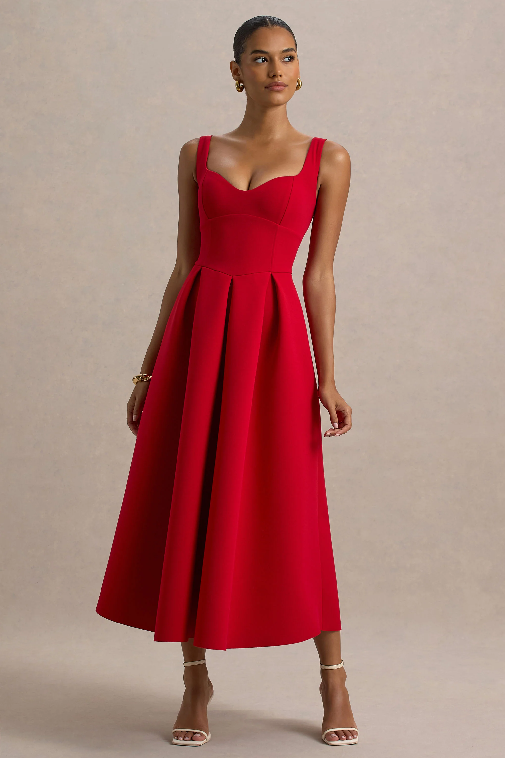 Rosemary | Red Sweetheart-Neck Midi Dress - Image 3
