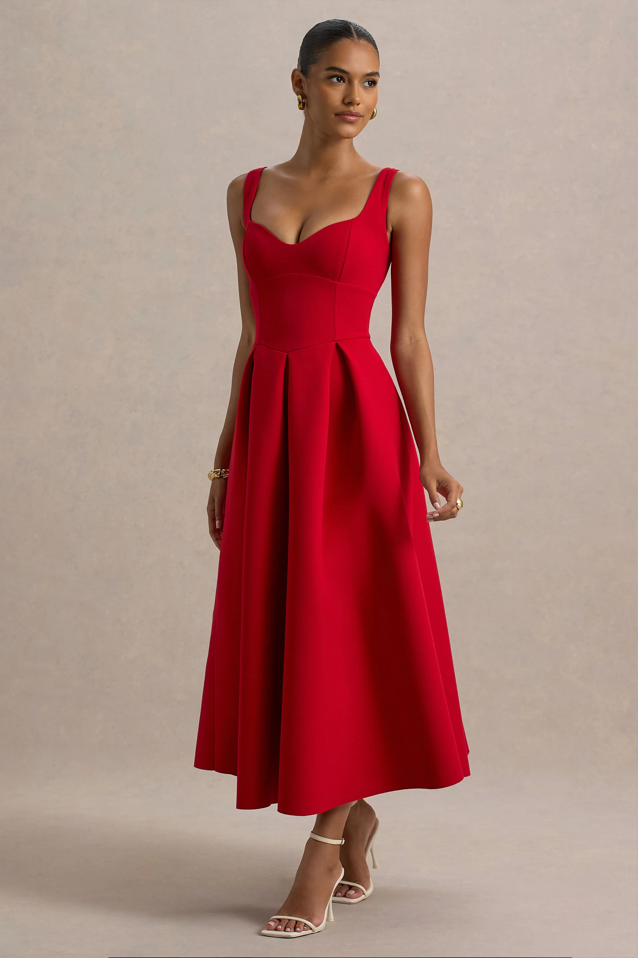 Rosemary | Red Sweetheart-Neck Midi Dress - Image 5