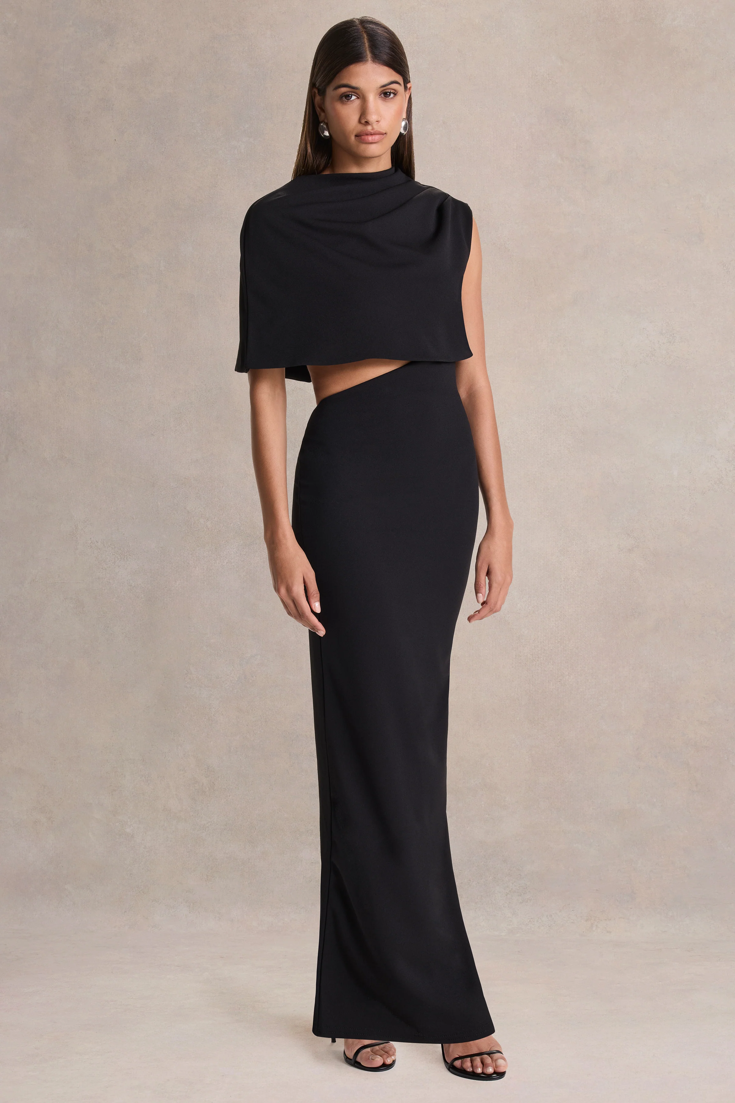 Roseth | Black High-Neck Maxi Dress With Removable Cape - Image 7