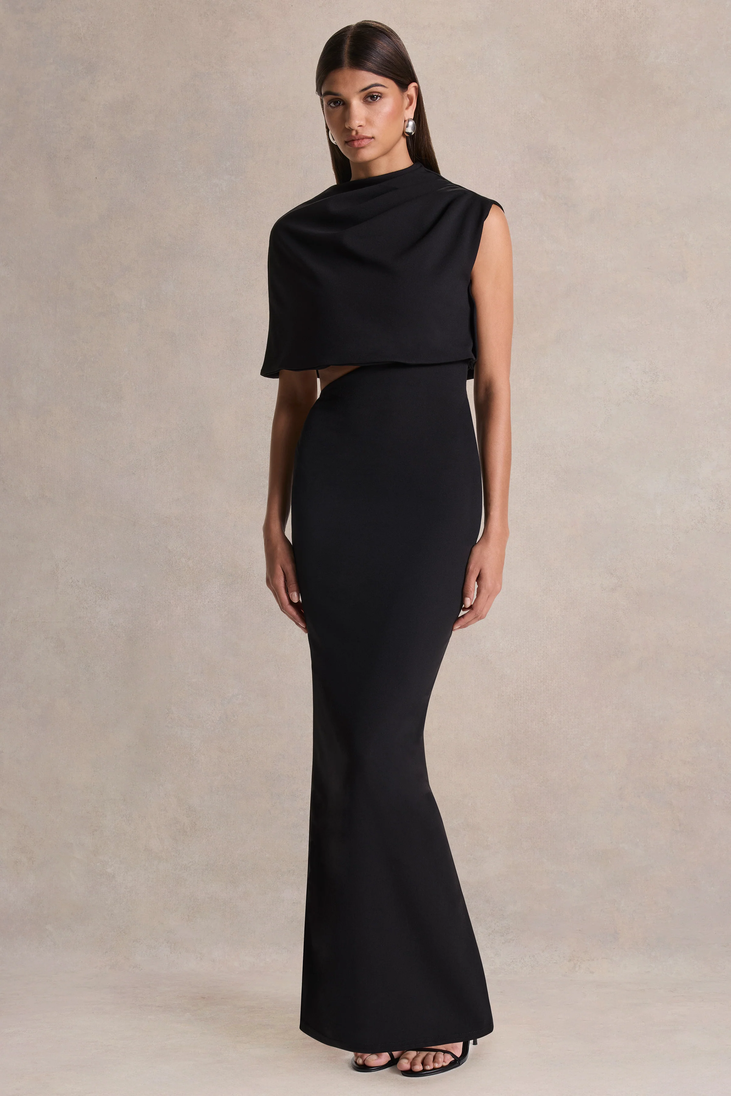 Roseth | Black High-Neck Maxi Dress With Removable Cape - Image 8