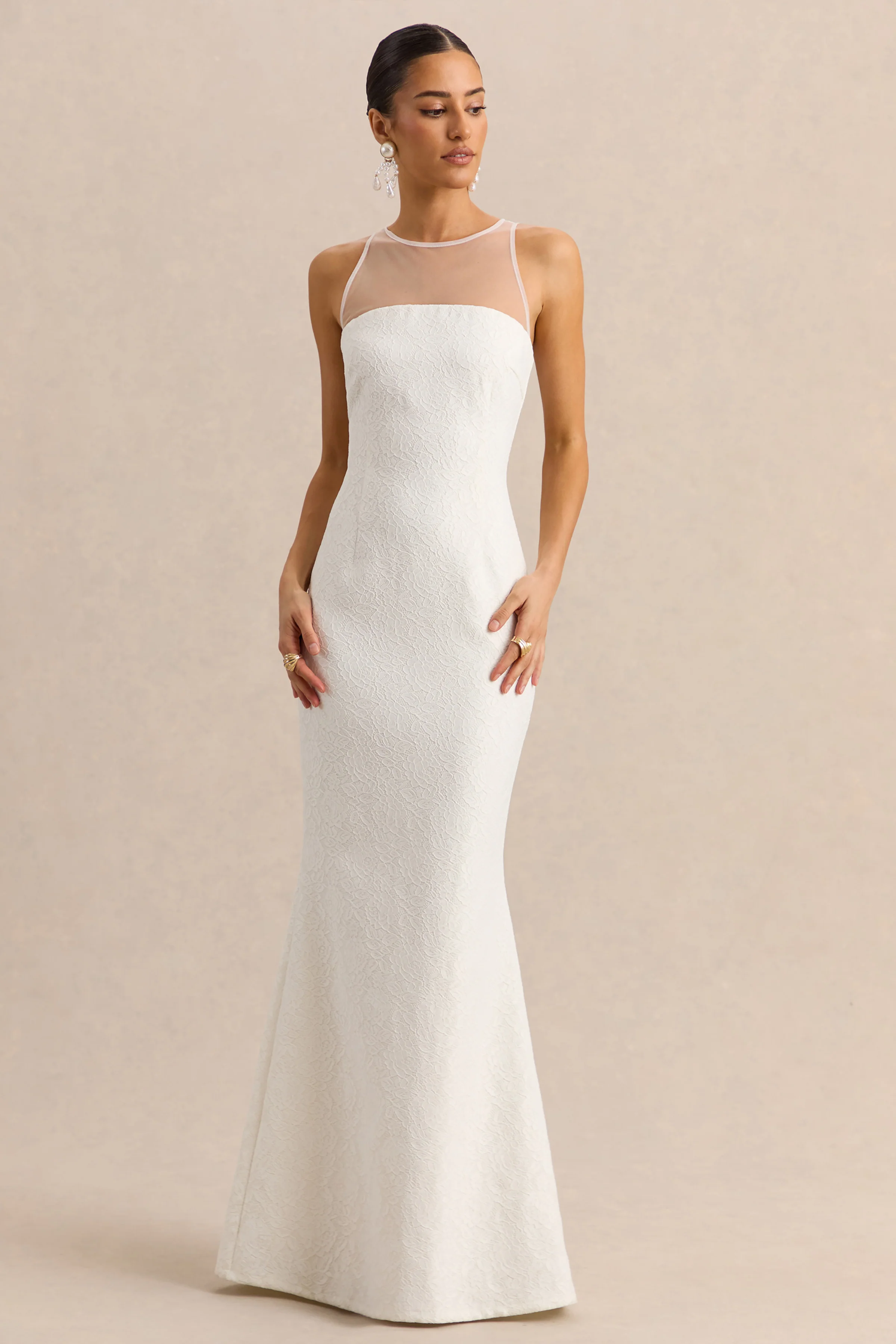 Rosevine | White Crew-Neck Maxi Dress With Mesh Panel