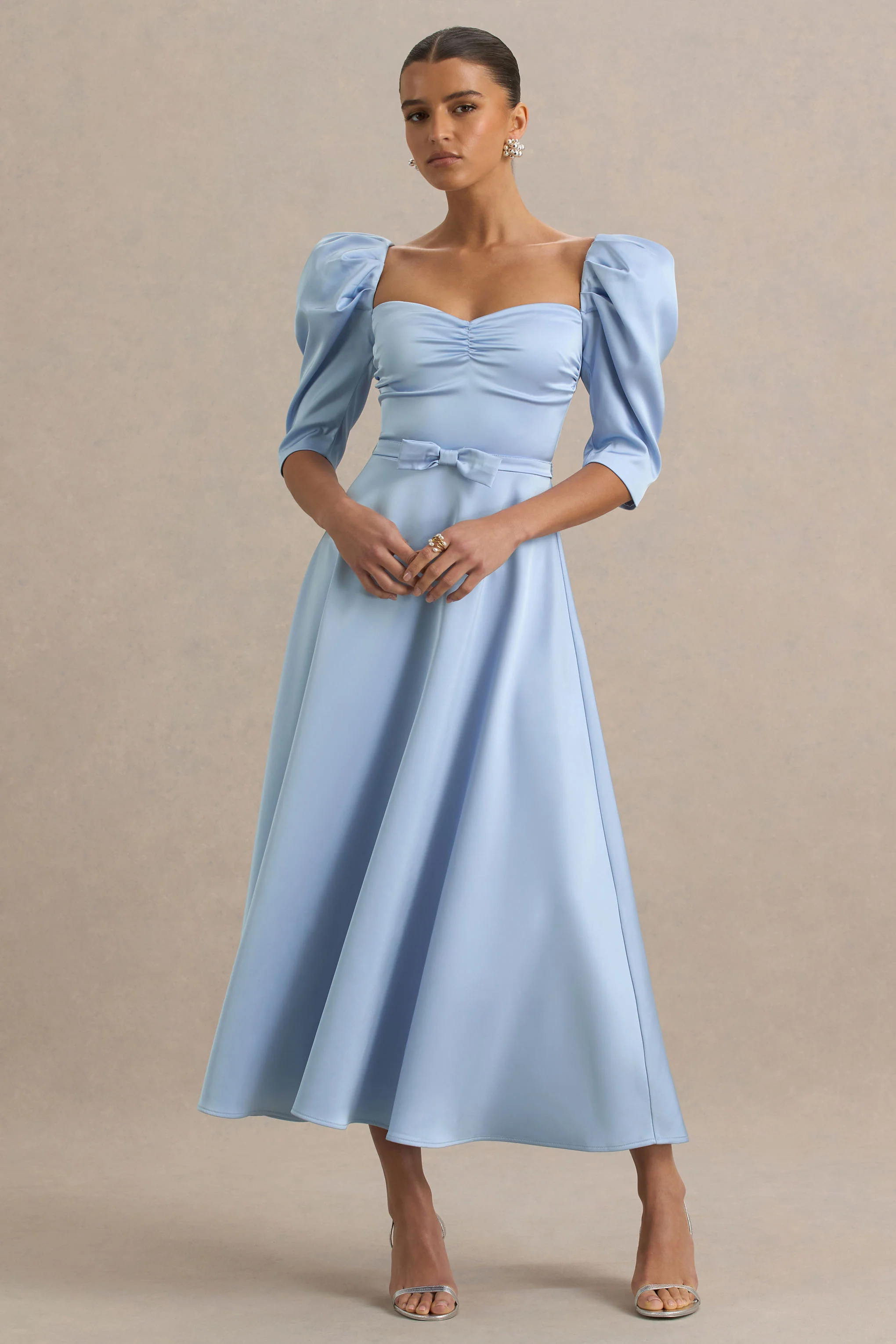 Rosey | Powder Blue Satin Sweetheart Midi Dress - Image 3