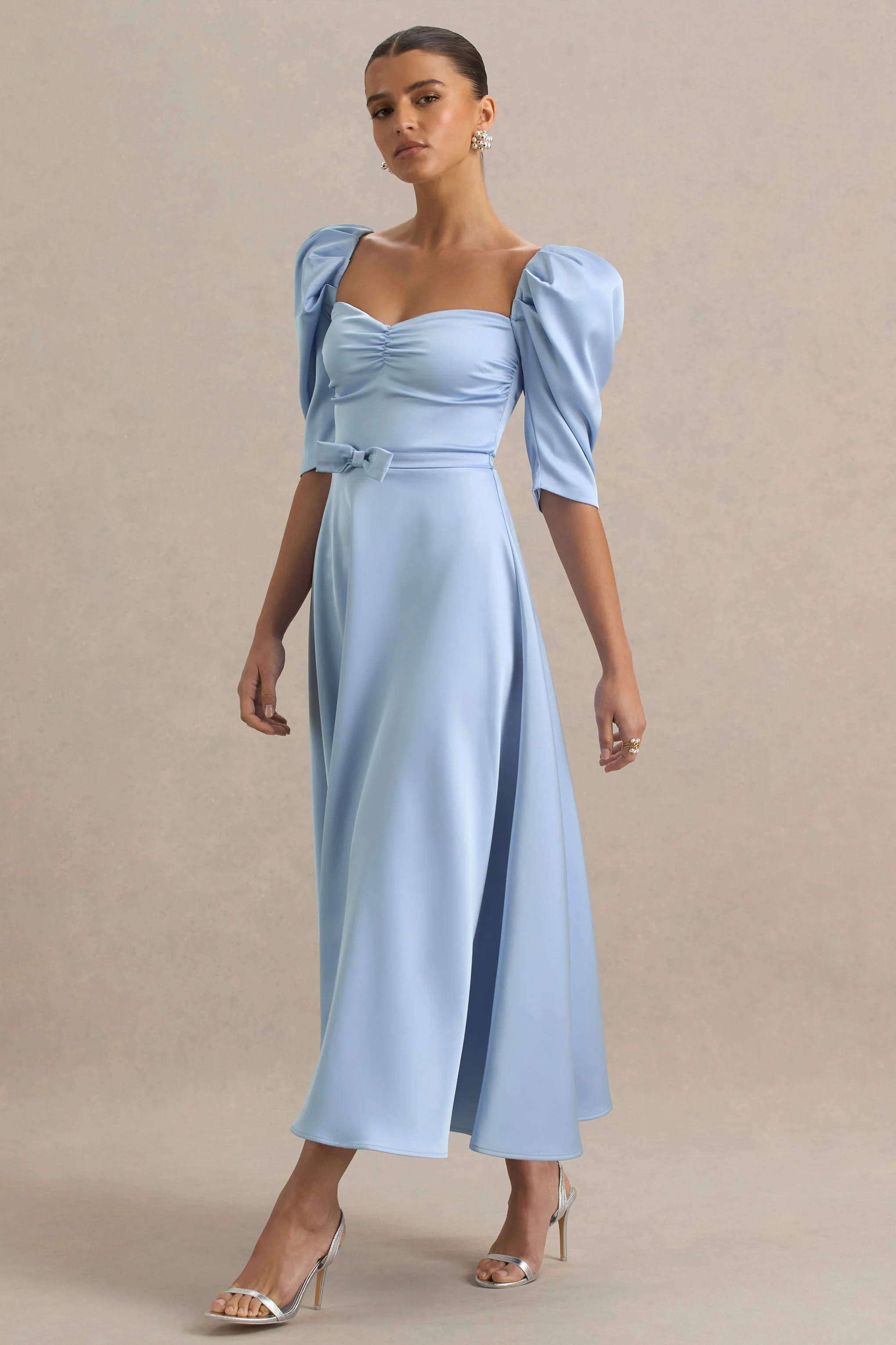 Rosey | Powder Blue Satin Sweetheart Midi Dress - Image 4