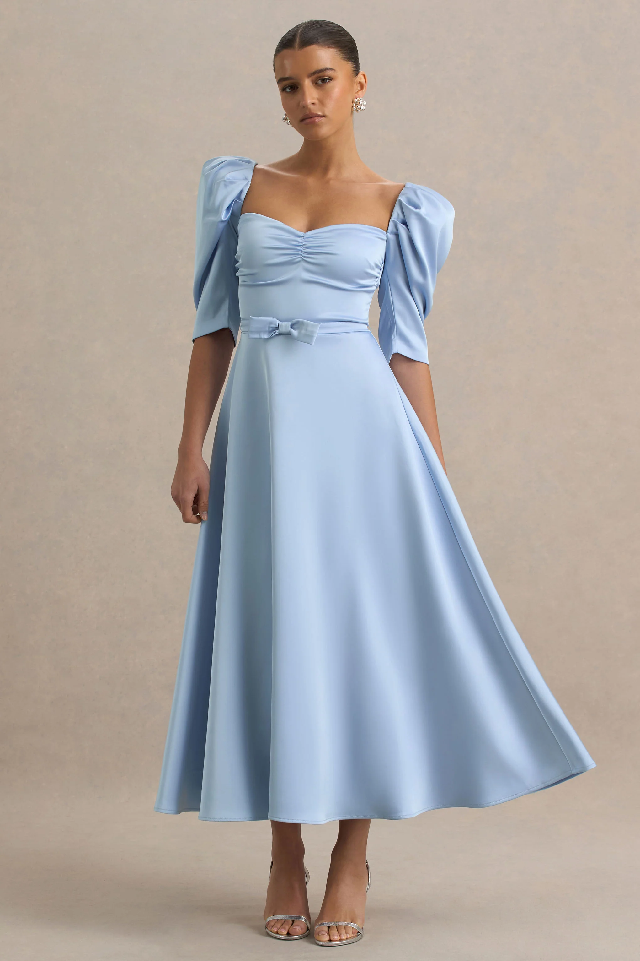 Rosey | Powder Blue Satin Sweetheart Midi Dress - Image 5