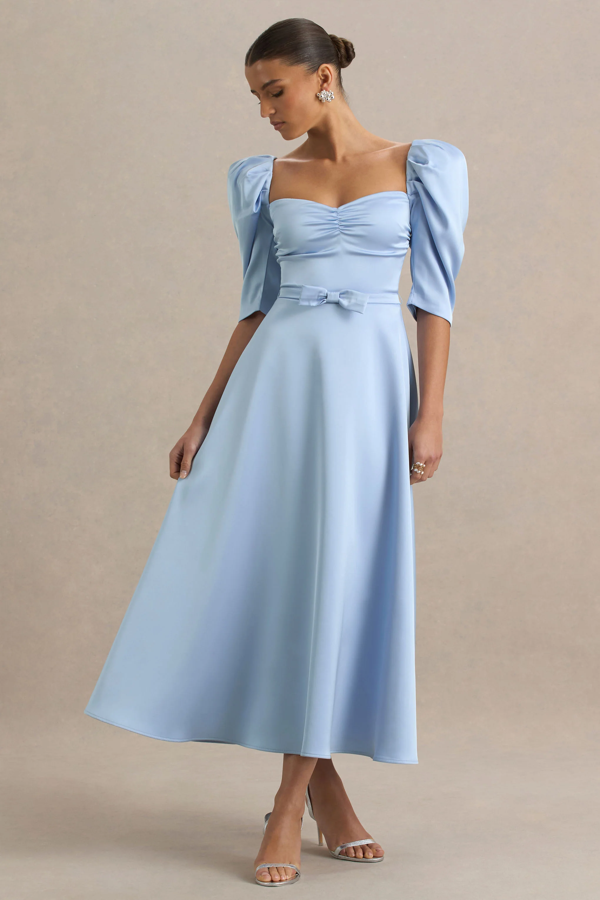 Rosey | Powder Blue Satin Sweetheart Midi Dress - Image 6