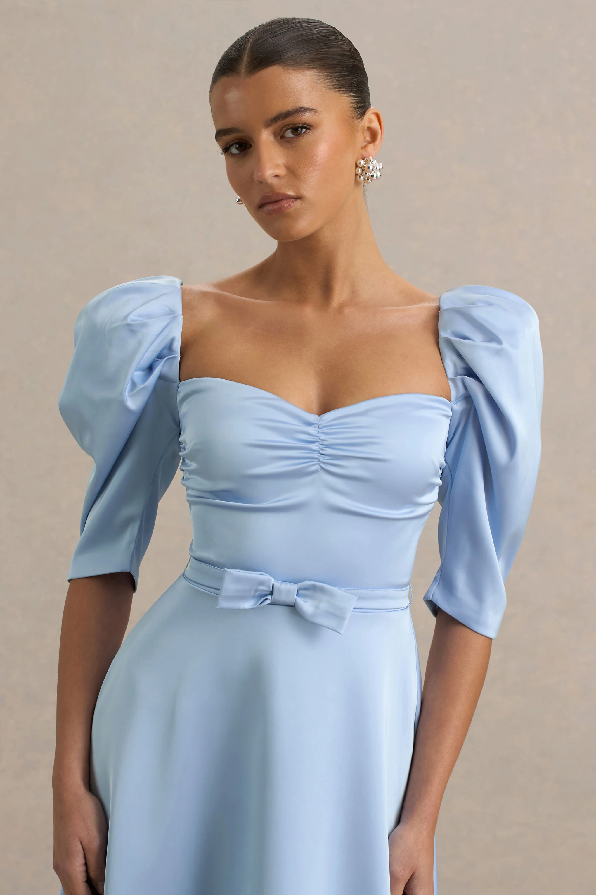 Rosey | Powder Blue Satin Sweetheart Midi Dress - Image 7
