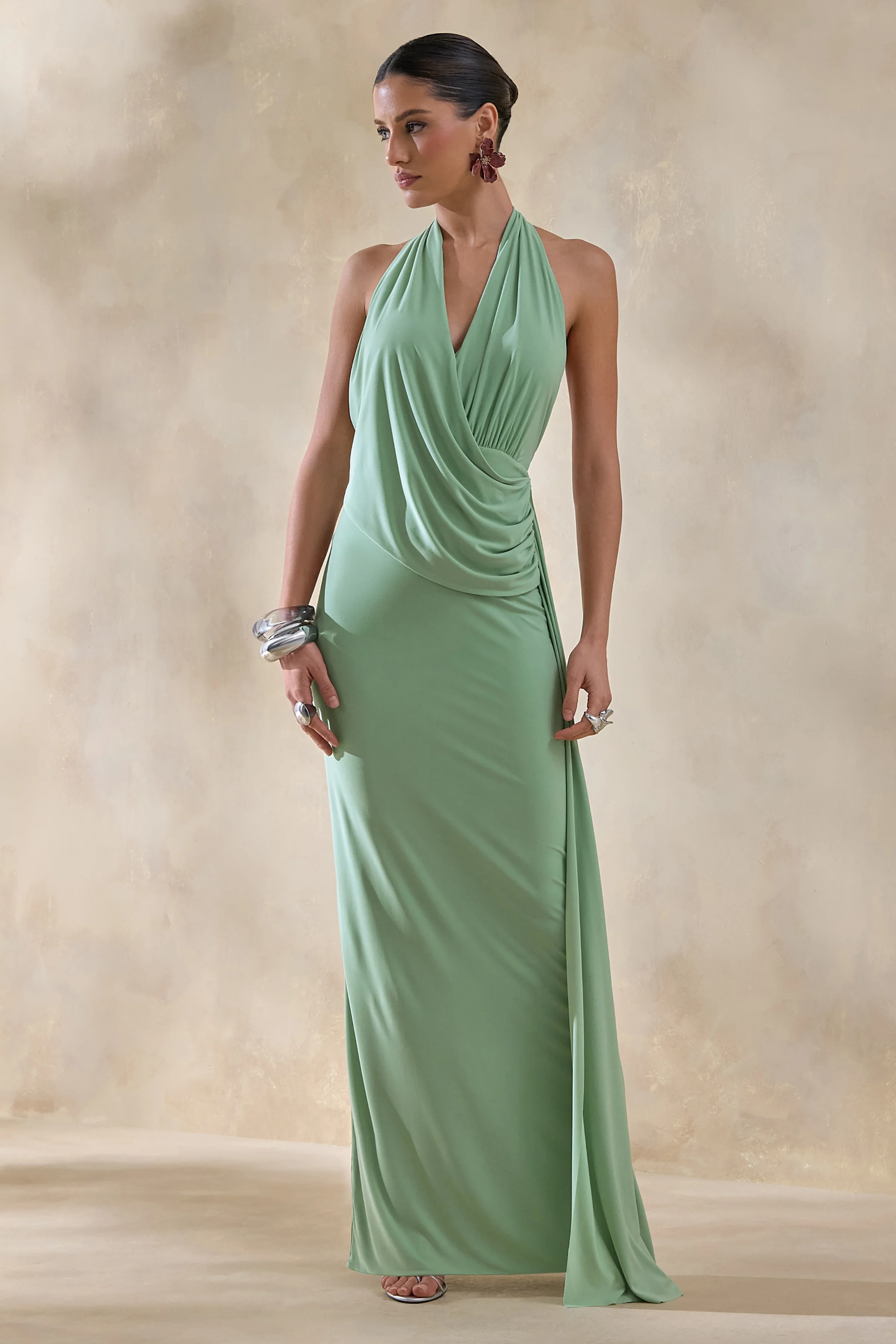 Rosina | Sage Halter-Neck Draped Maxi Dress With Sash - Image 4