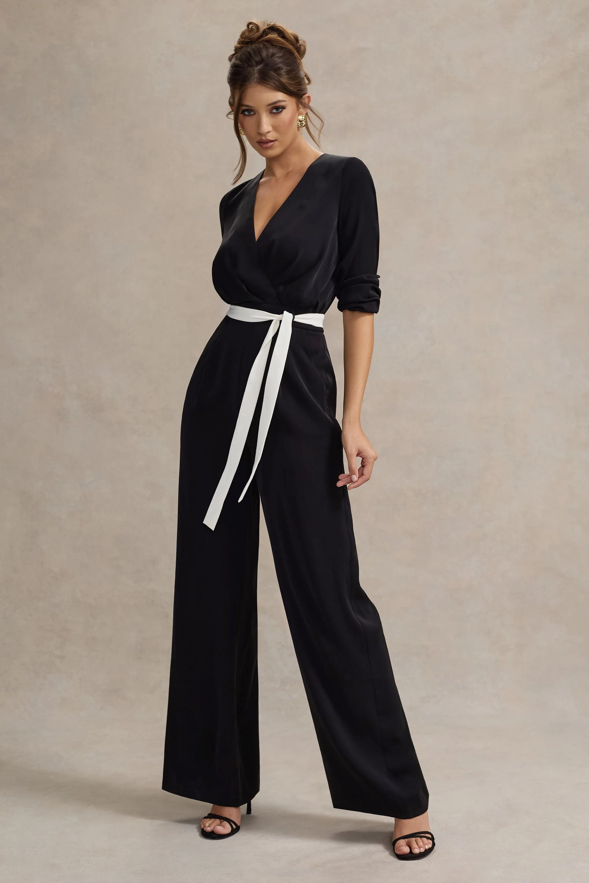 Ruba | Black Tailored Plunge Jumpsuit With Tie Waist - Image 5