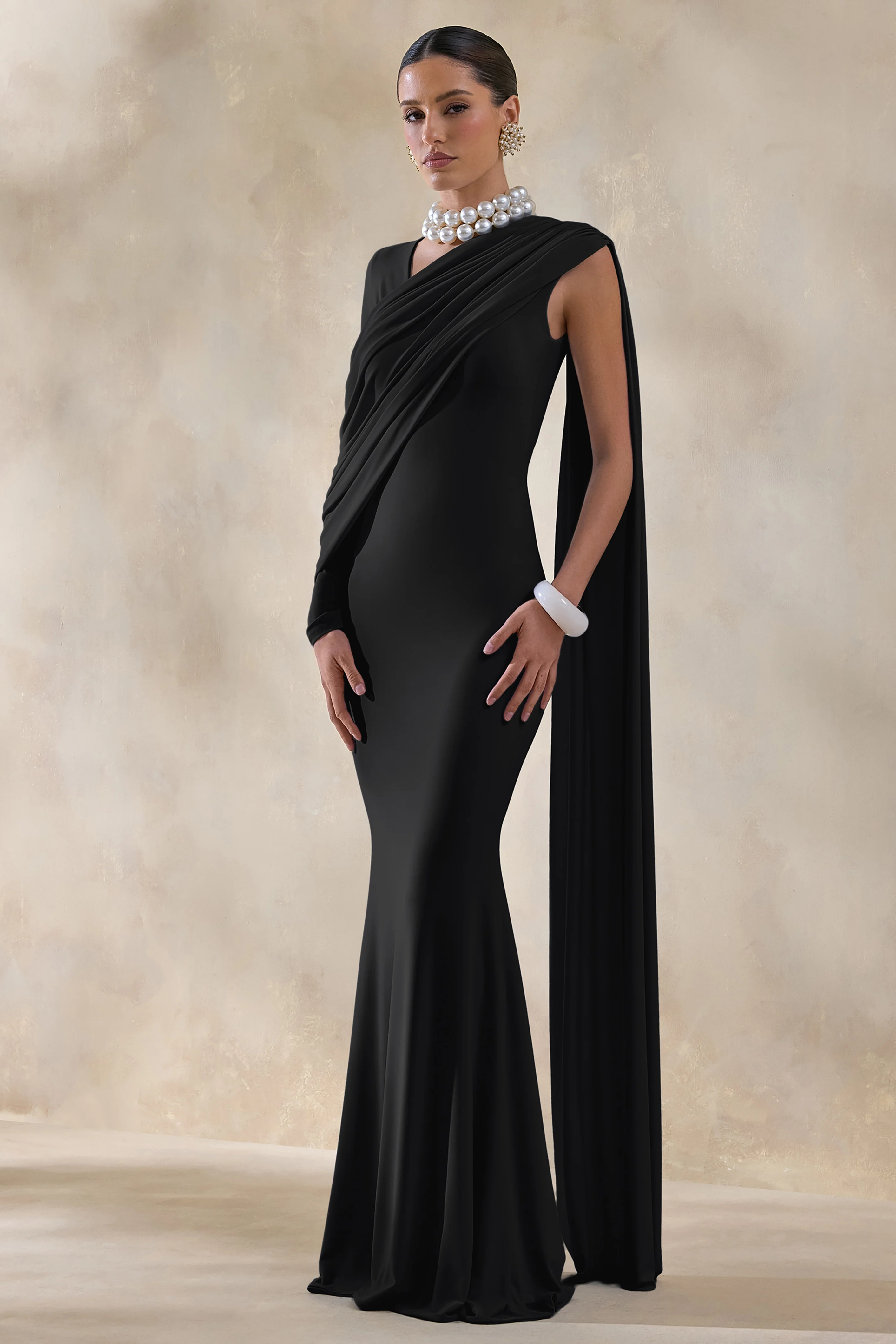 Rubelle | Black Asymmetric-Neck Maxi Dress With Draped-Detailing - Image 4