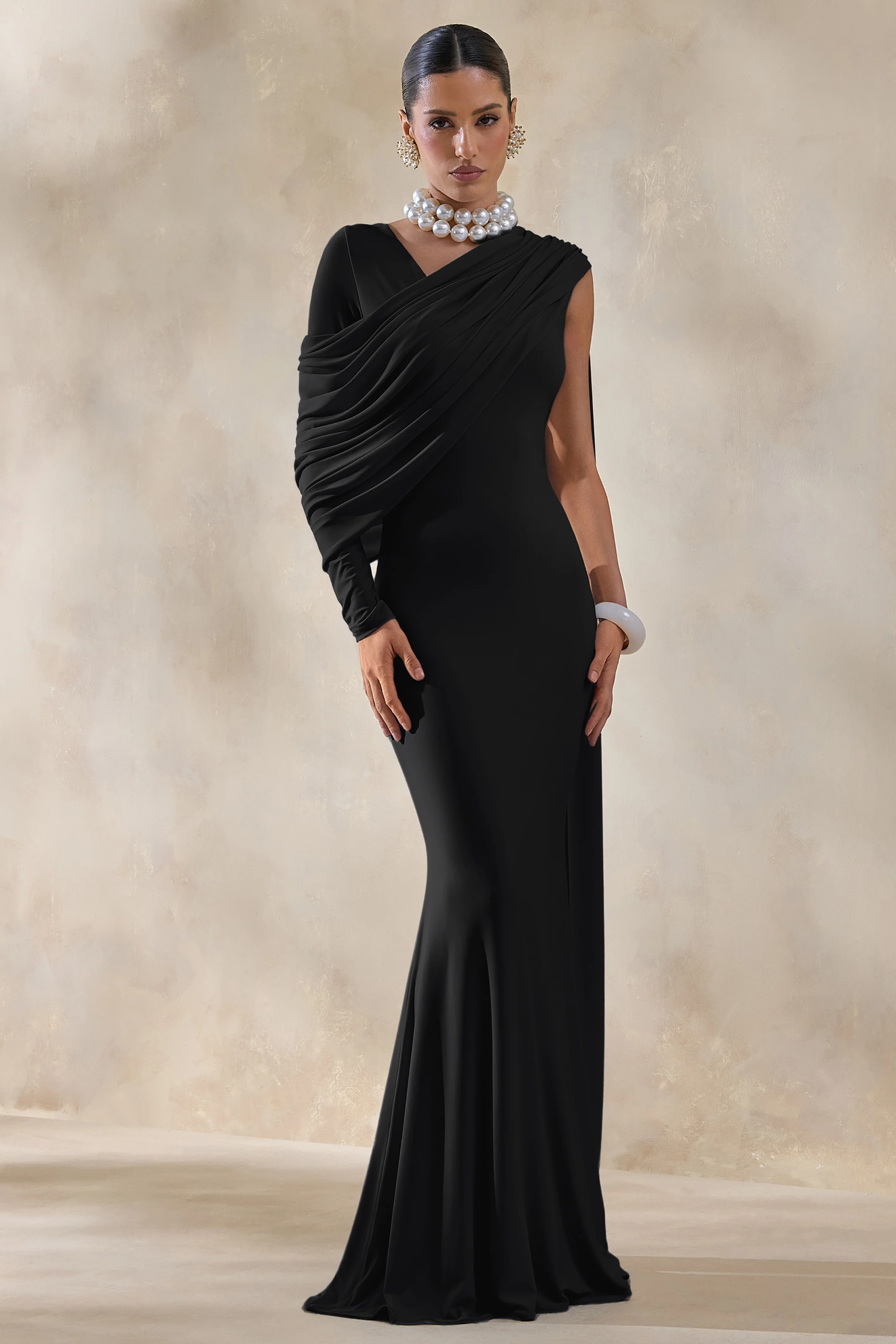 Rubelle | Black Asymmetric-Neck Maxi Dress With Draped-Detailing - Image 5