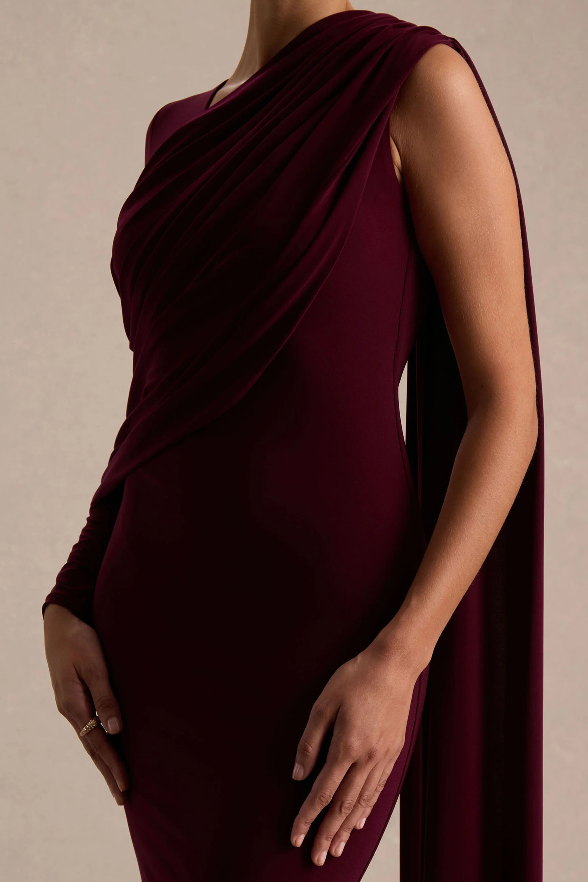 Rubelle | Burgundy Asymmetric Neck Maxi Dress With Draped Detailing - Image 4
