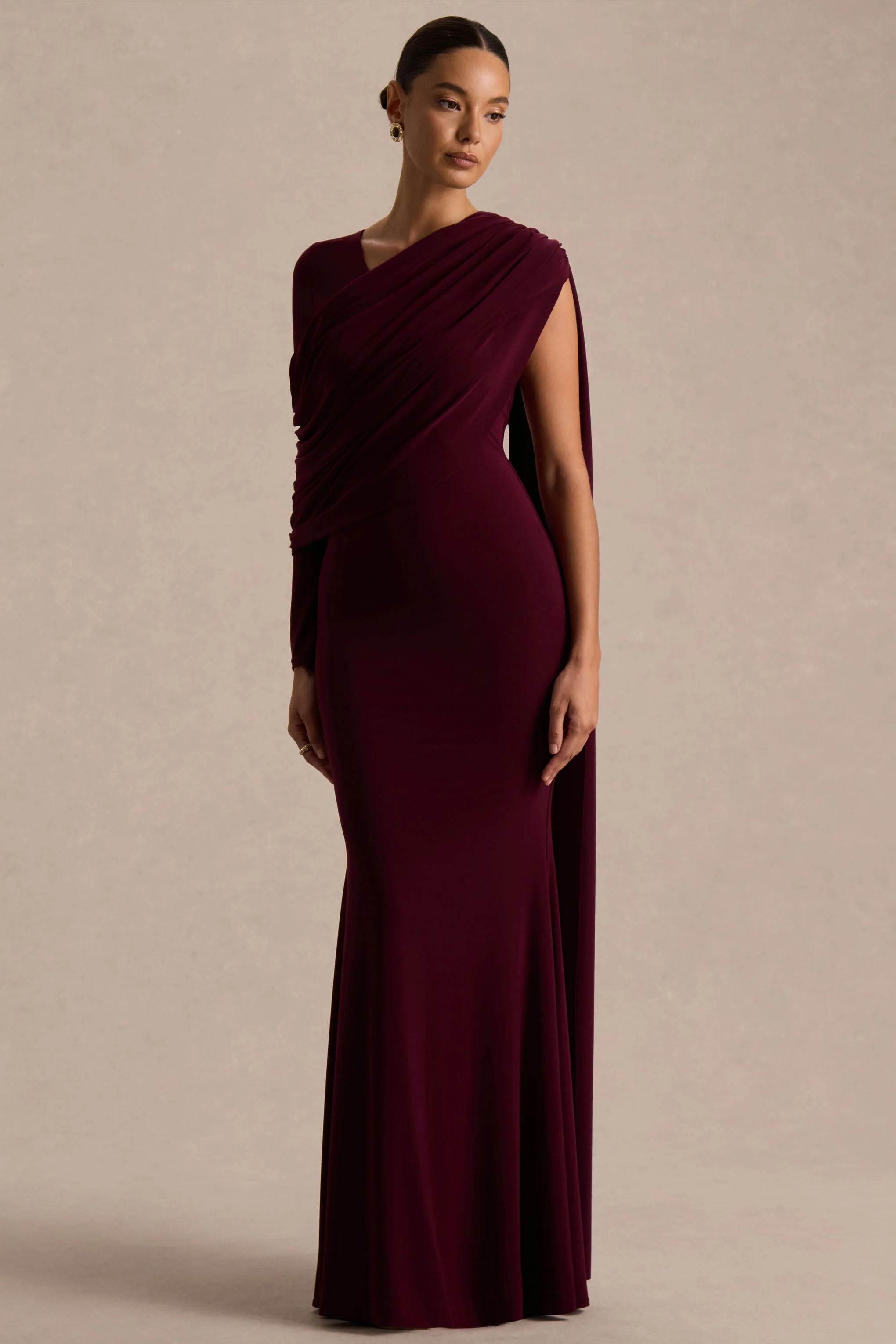 Rubelle | Burgundy Asymmetric Neck Maxi Dress With Draped Detailing - Image 5