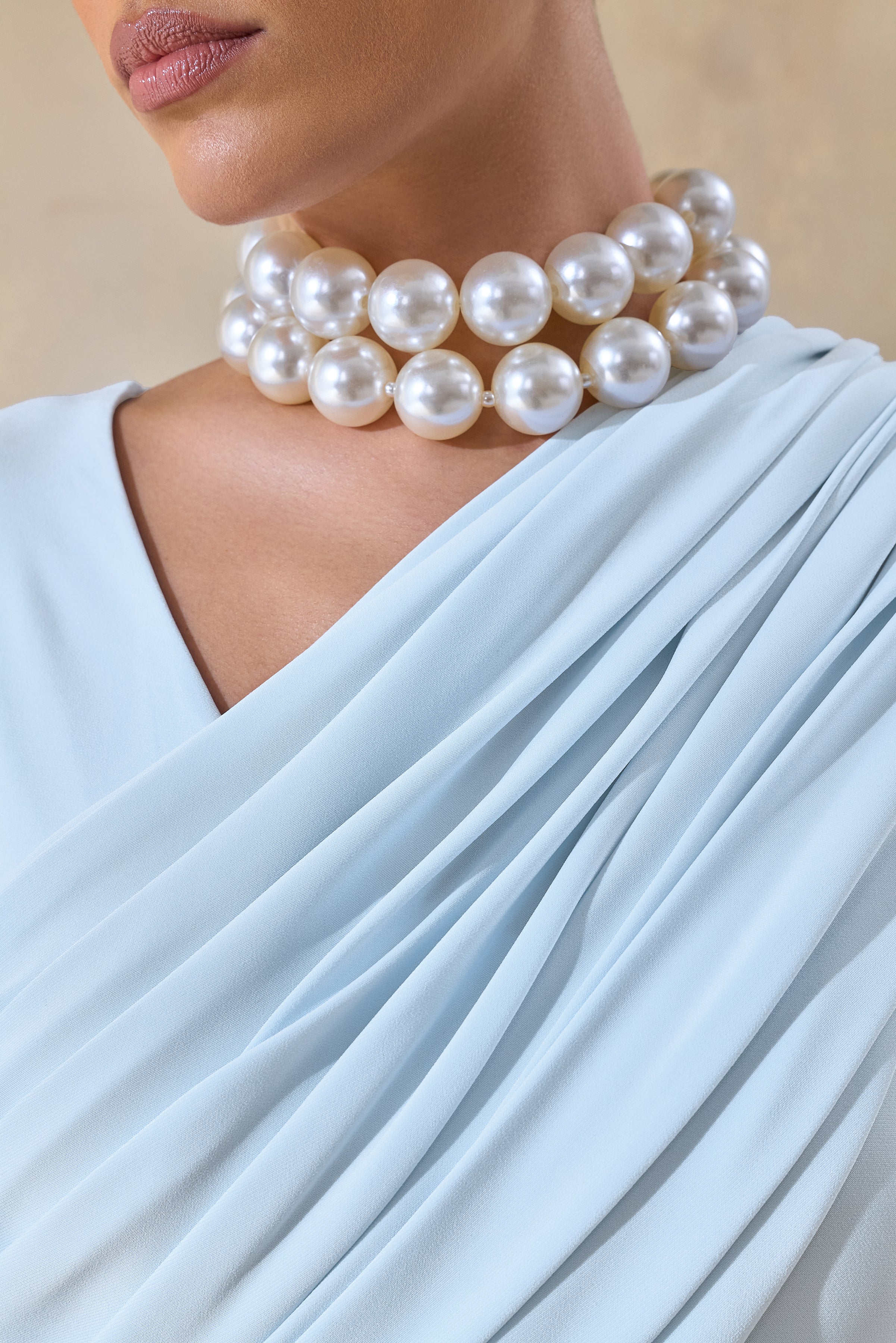 Rubelle | Powder Blue Asymmetric-Neck Maxi Dress With Draped-Detailing - Image 6