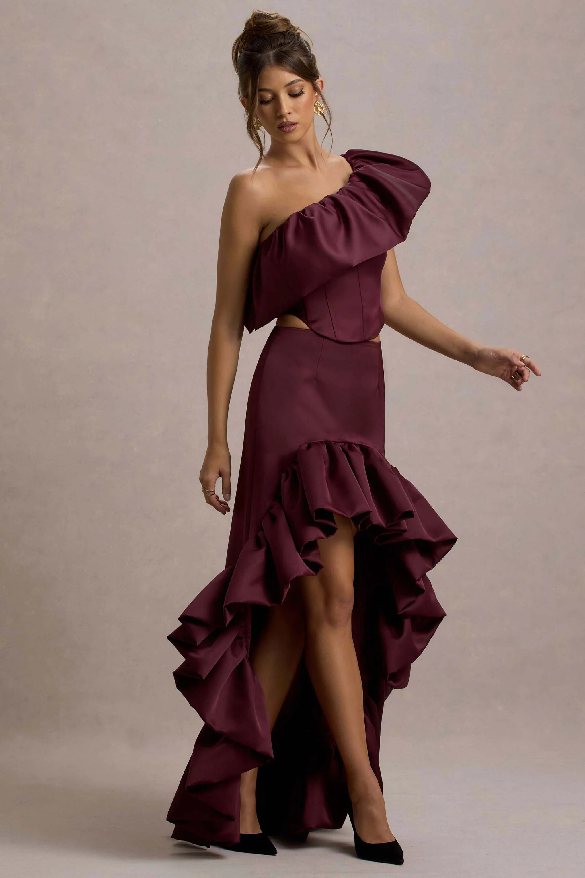 Ruby | Merlot Satin High-Low Maxi Skirt - Image 5