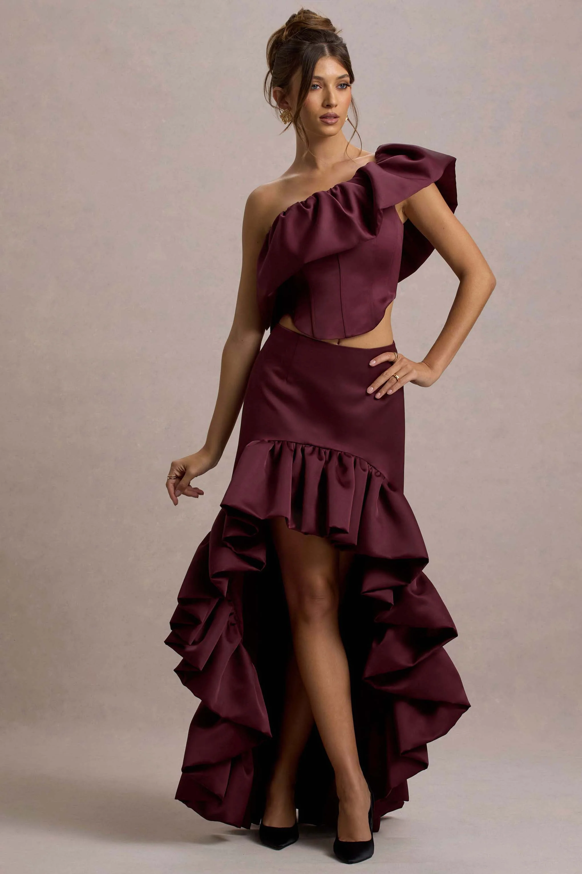 Ruby | Merlot Satin High-Low Maxi Skirt - Image 7