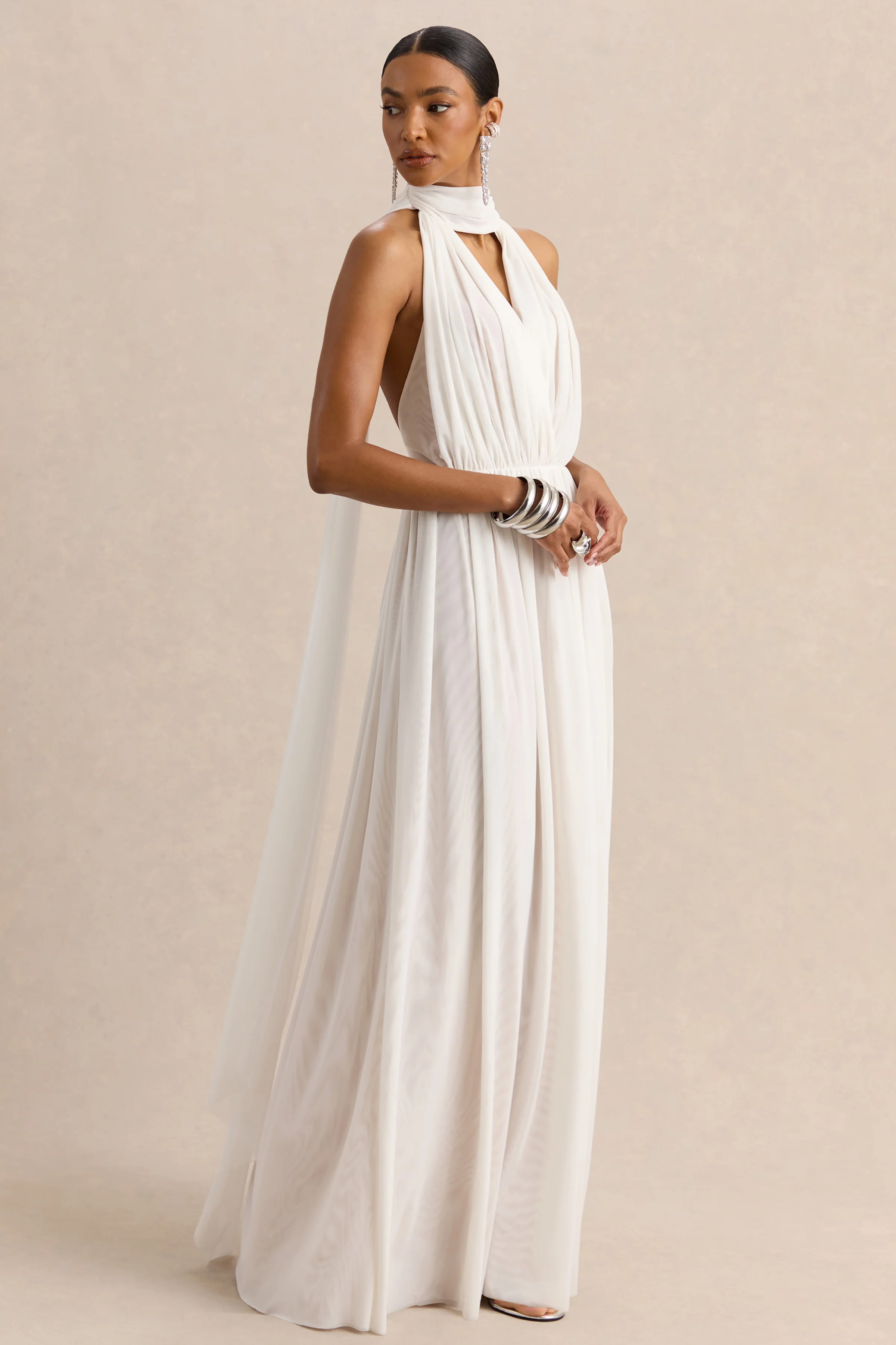 Rylina | White Mesh Halter-Neck Maxi Dress With Scarf And Open-Back - Image 4