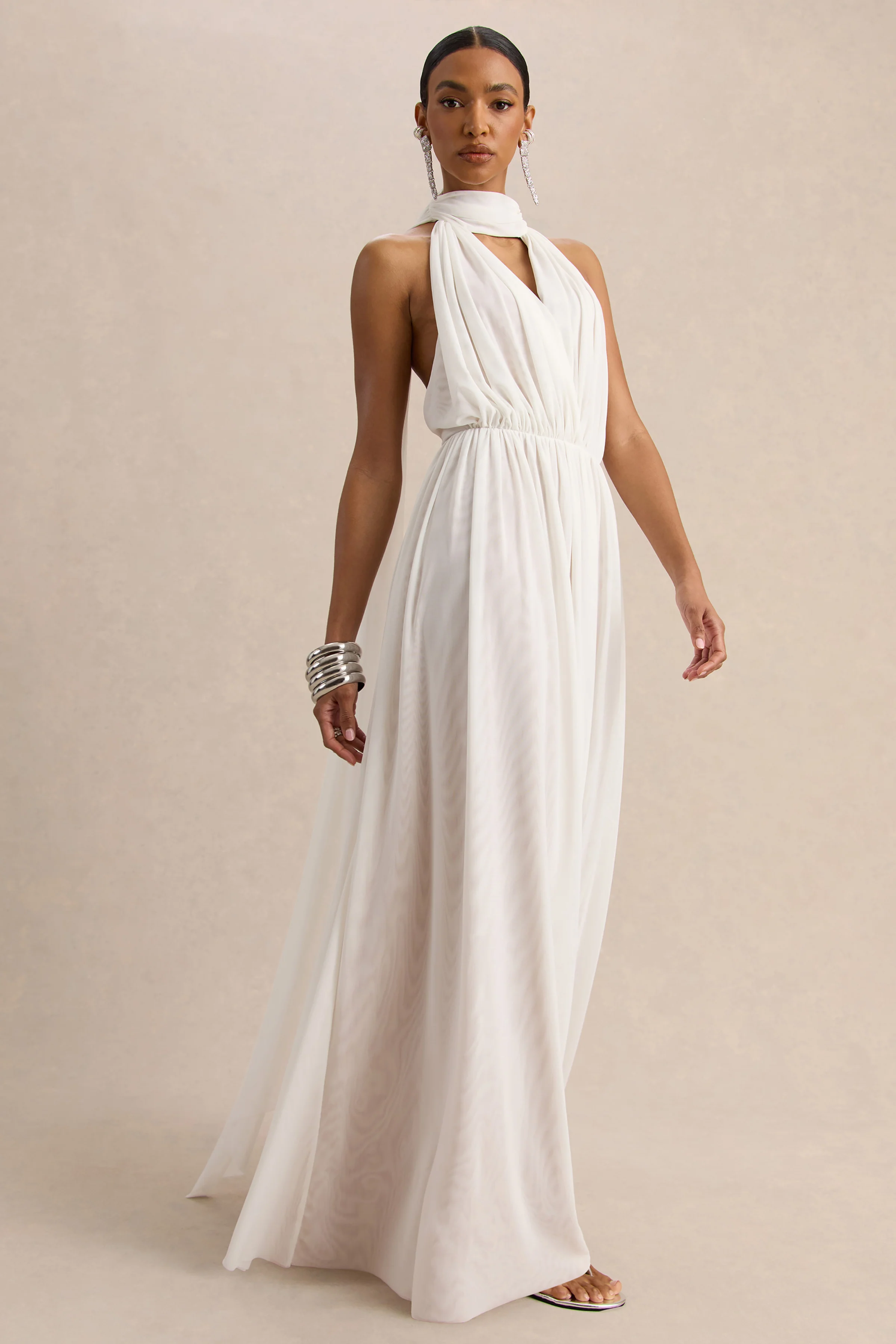 Rylina | White Mesh Halter-Neck Maxi Dress With Scarf And Open-Back - Image 5