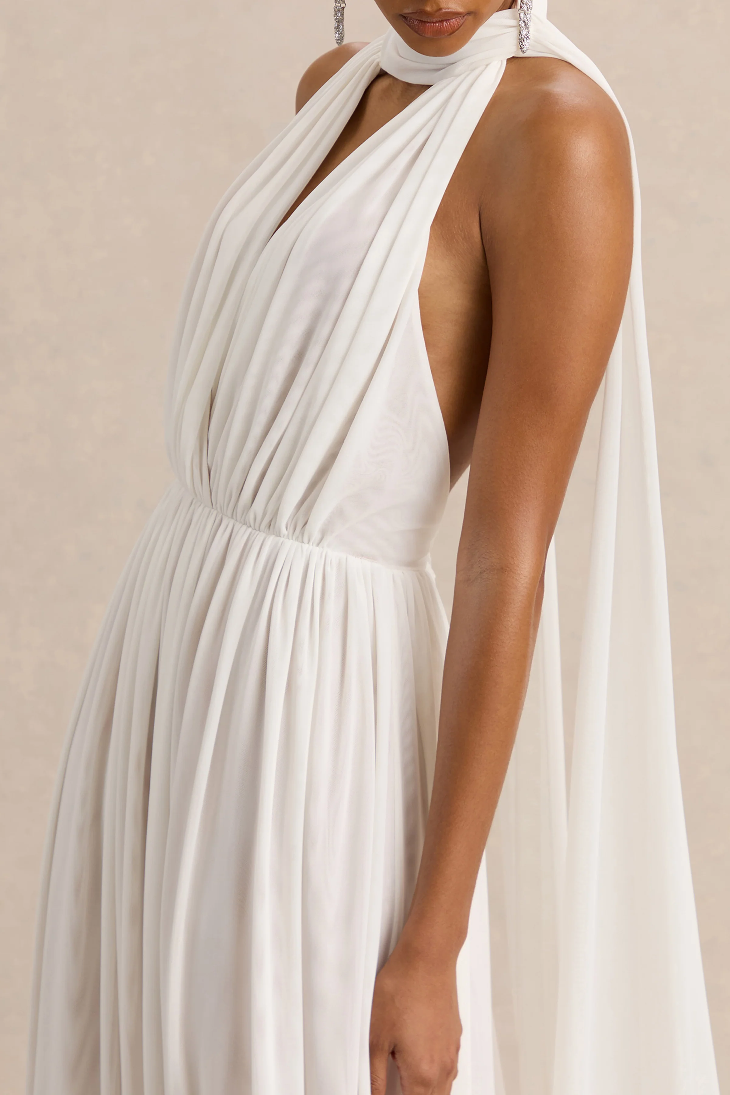 Rylina | White Mesh Halter-Neck Maxi Dress With Scarf And Open-Back - Image 7