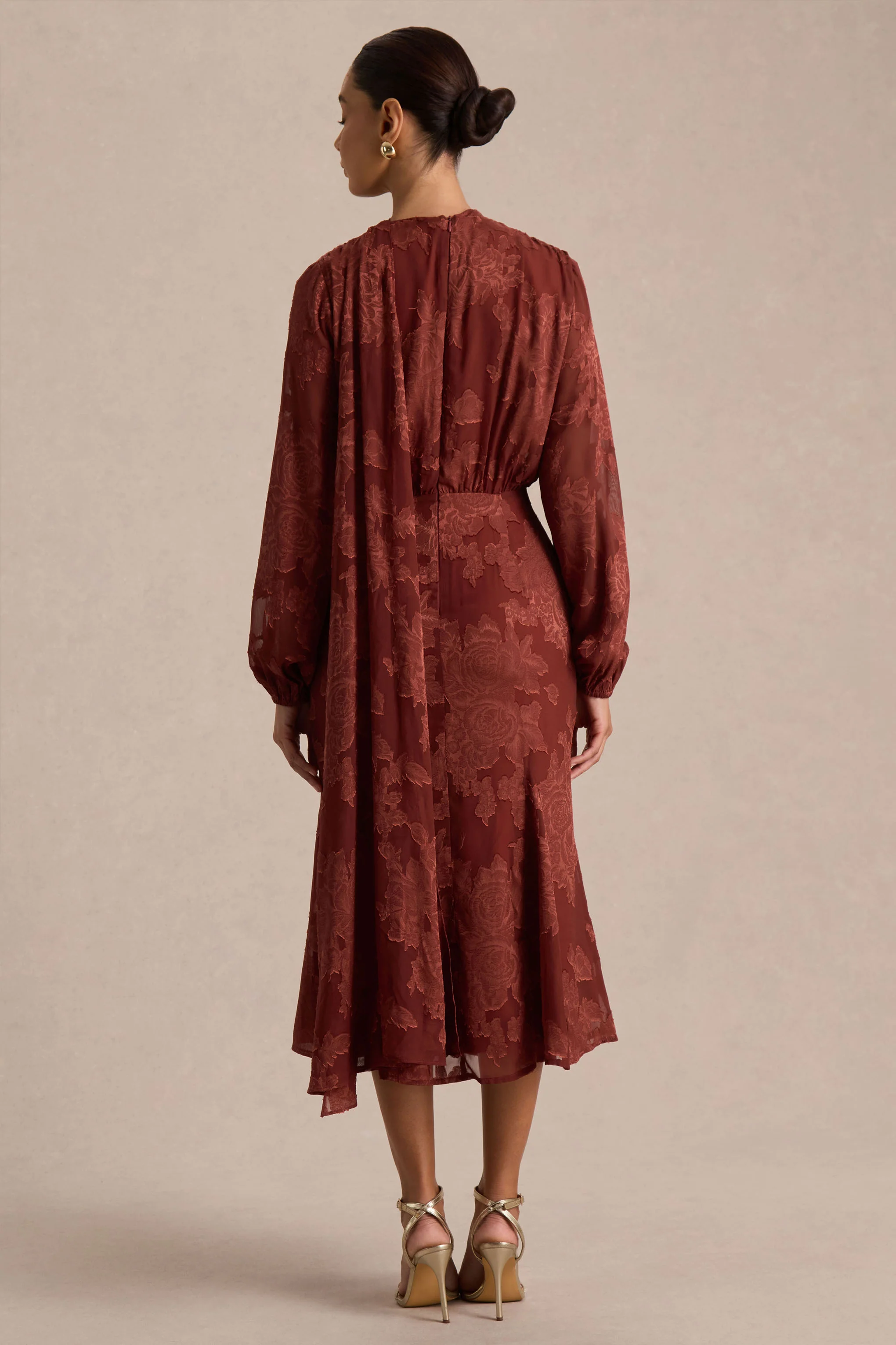 Sabina | Rust Devore Plunge-Neck Midi Dress - Image 2