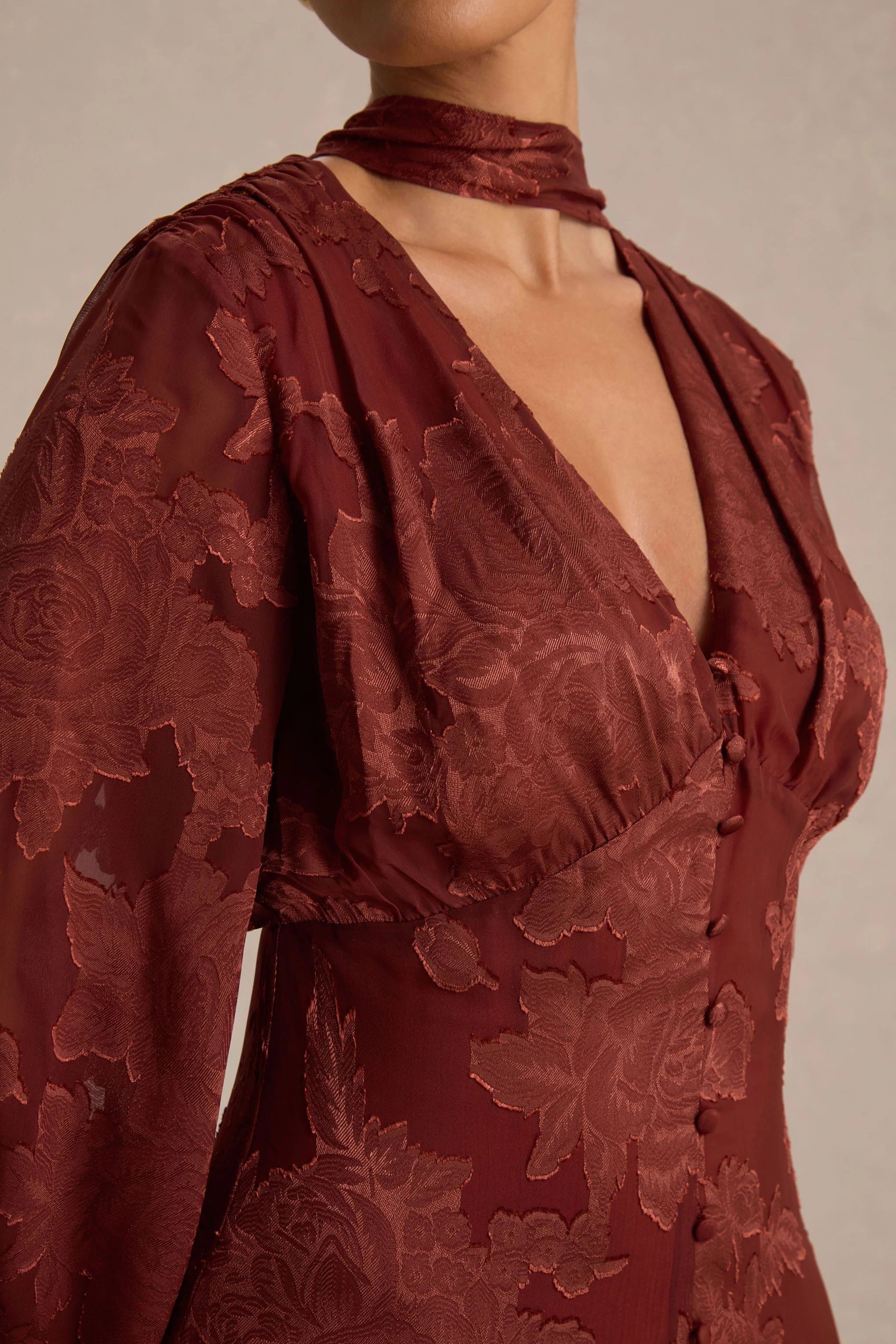Sabina | Rust Devore Plunge-Neck Midi Dress - Image 3