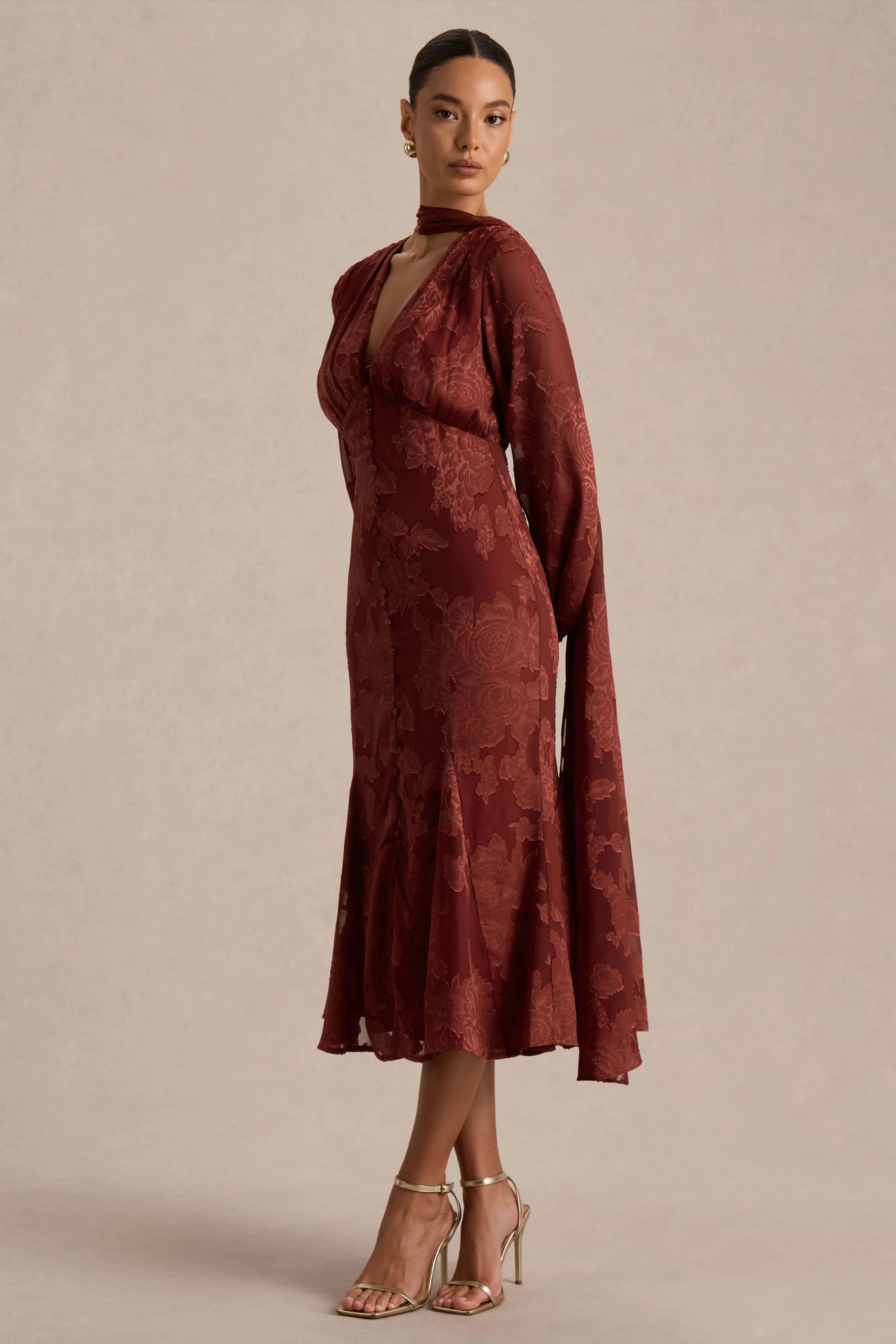 Sabina | Rust Devore Plunge-Neck Midi Dress - Image 5