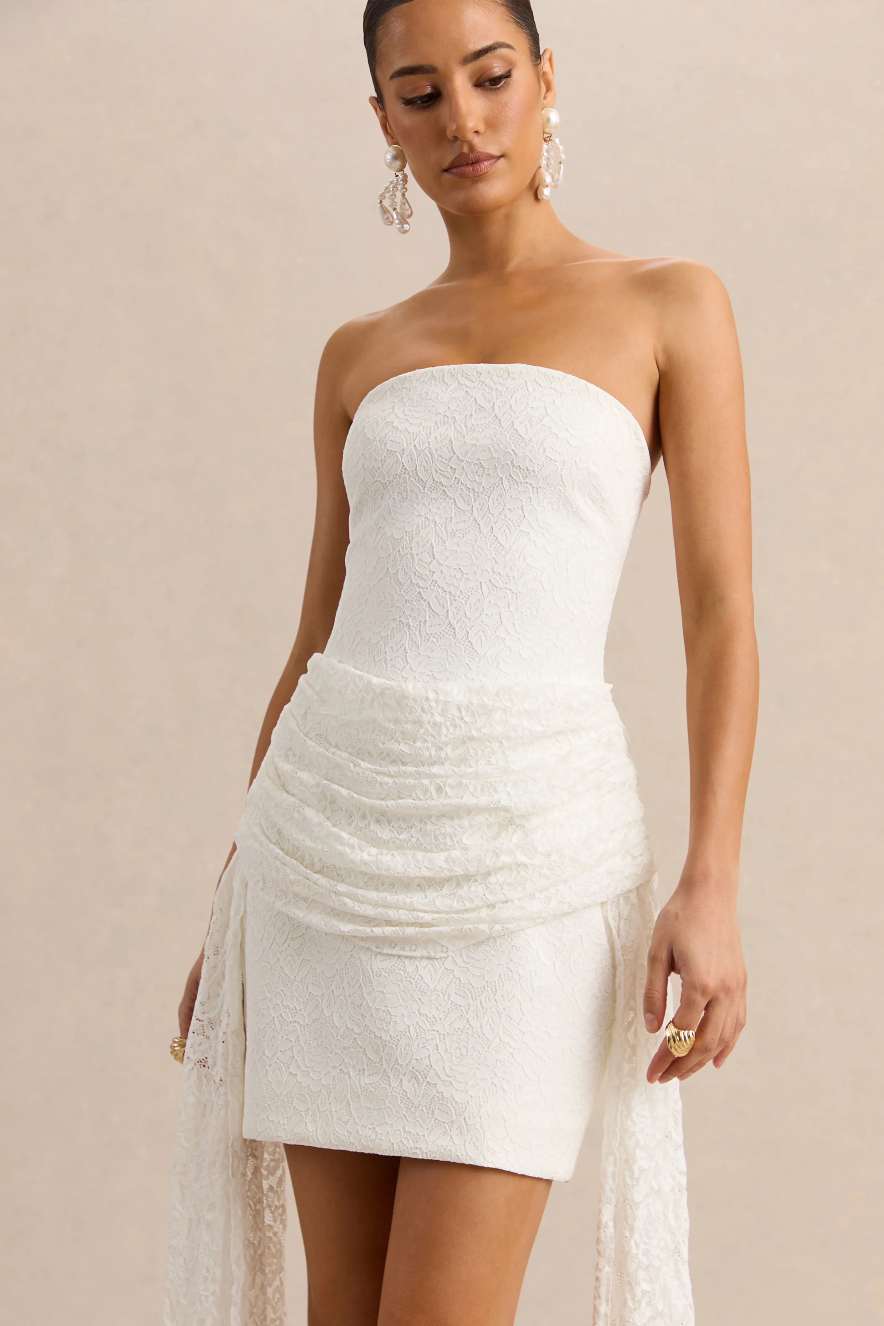 Sabrelle | White Bandeau-Neck Mini Dress With Draped-Detailing - Image 3