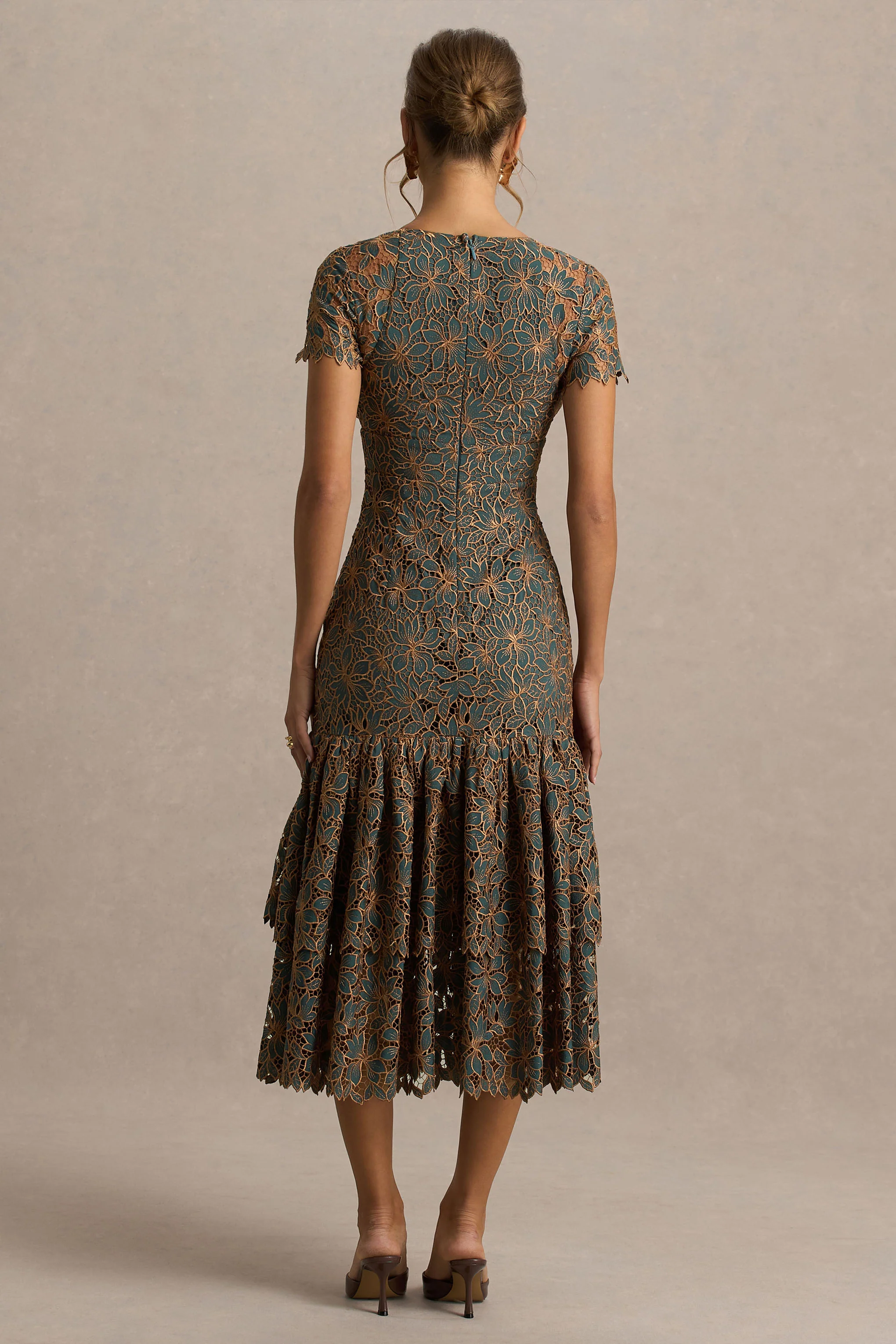 Sabrina | Dark Green And Rust Embroidered Plunge-Neck Midi Dress - Image 2