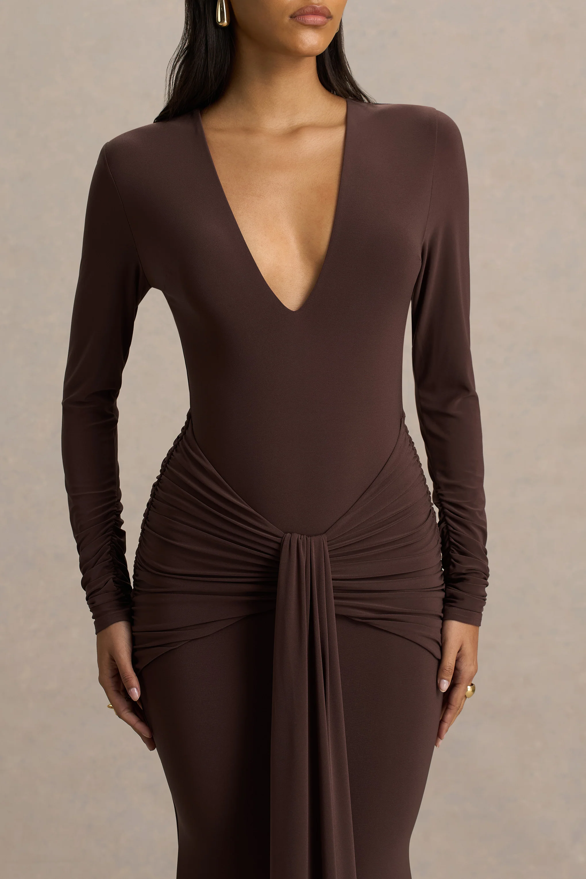 Saffie | Chocolate Extreme-Plunge Wrap Maxi Dress With Long-Sleeves And Ruched Detailing - Image 3