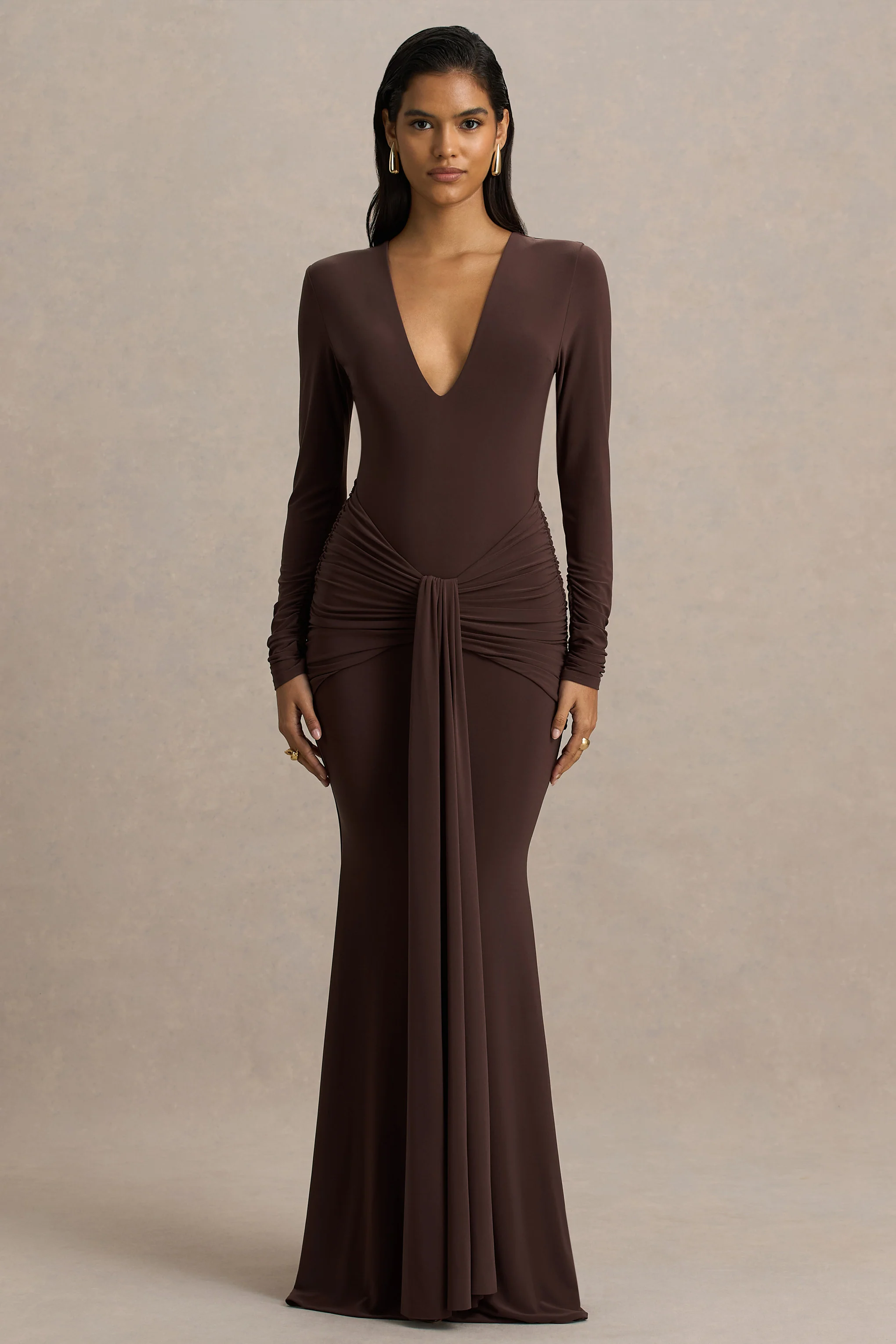 Saffie | Chocolate Extreme-Plunge Wrap Maxi Dress With Long-Sleeves And Ruched Detailing - Image 5